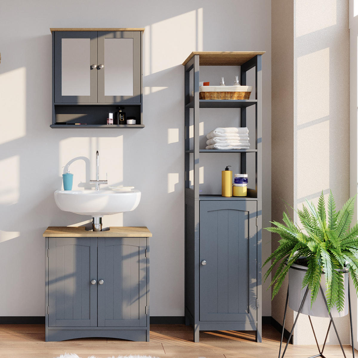 BADMÖBEL-SET Bianco Grau 3 Teile, mit Hochschrank - Grau, Holzwerkstoff (60/60/30cm) - Vicco
