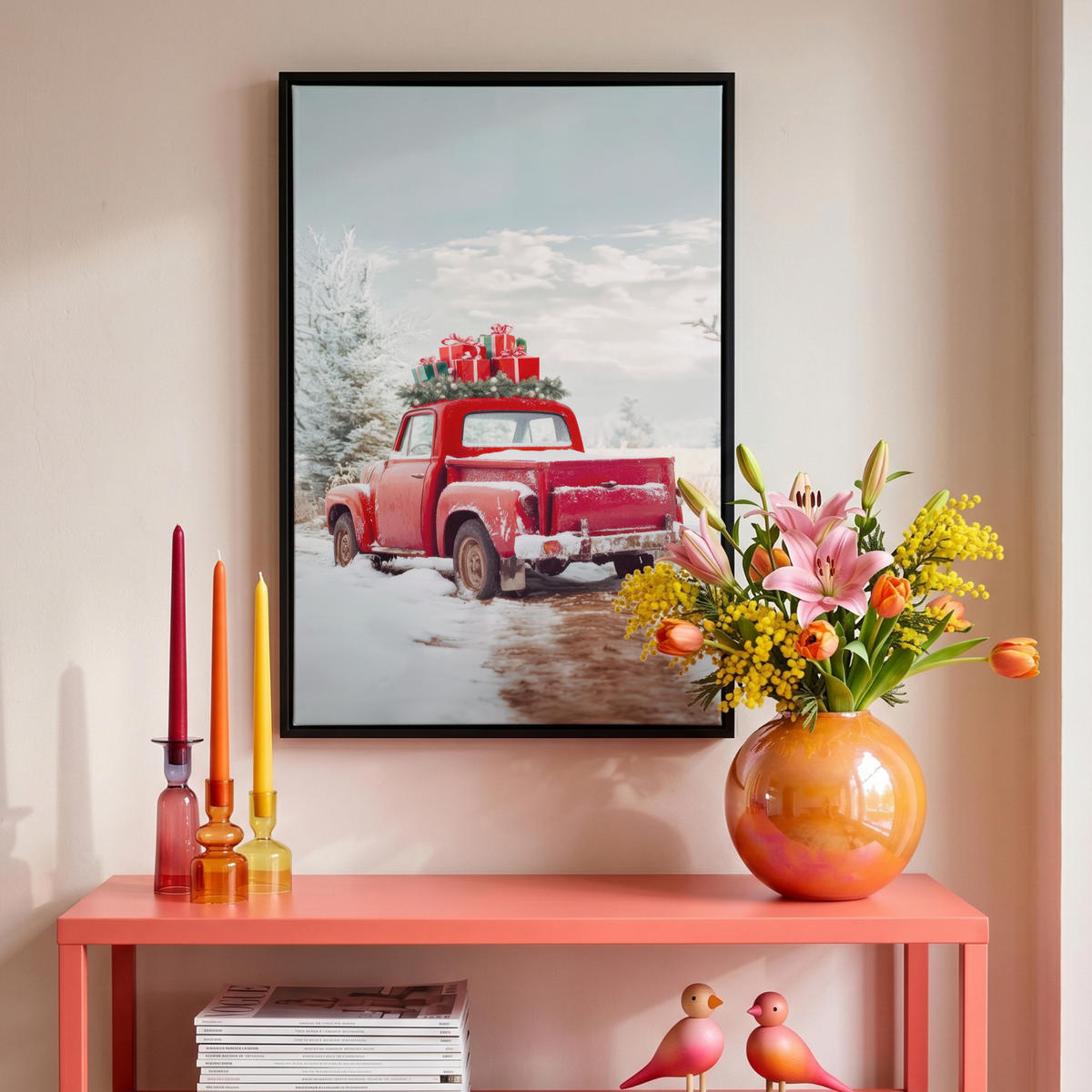 LEINWAND Bilder mit Rahmen - Auto - Rot - Geschenke - Winter - Schnee - Weihnachten - 40x60 - Rot, Textil (40/60cm) - MuchoWow