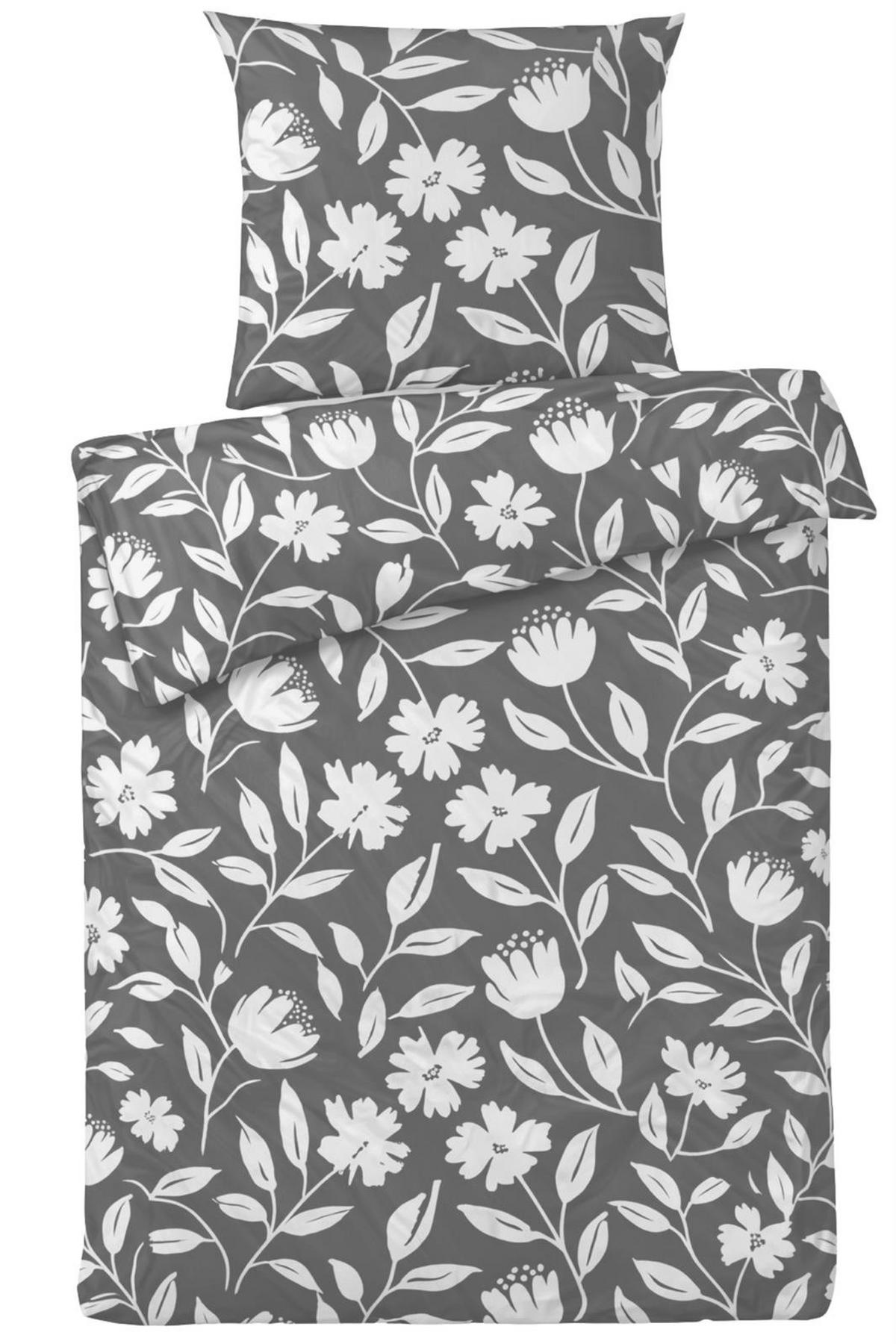 BETTWÄSCHE Mako Perkal 240x220 cm aus 100% Baumwolle mit Reißverschluss, 3 teilig Bettbezug geblümt 240 x 220 - Schwarz - Schwarz, Textil (240/220cm) - Carpe Sonno