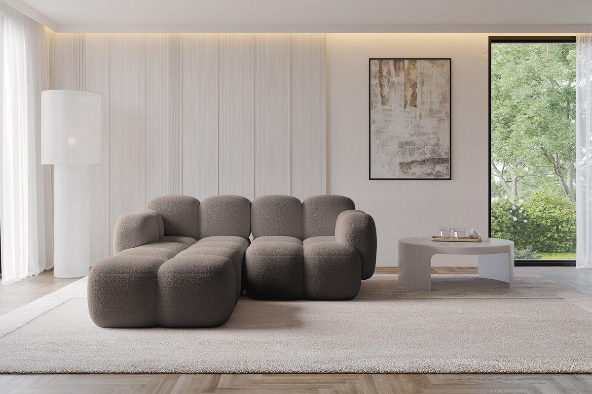 ECKSOFA modulares Sofa Links Miko-L1 214x205x75 Braun Bouclé - Dunkelbraun/Schwarz, Holzwerkstoff/Kunststoff (214/205cm) - ALTDECOR