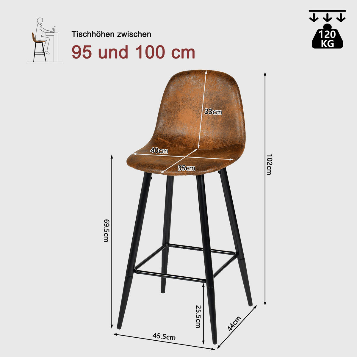 BARHOCKER 2er-Set, Sitzhöhe 77 cm, gepolstert mit Wildlederoptik-Bezug, Braun - Braun, Metall (49/103.5/42cm) - Meubles Cosy
