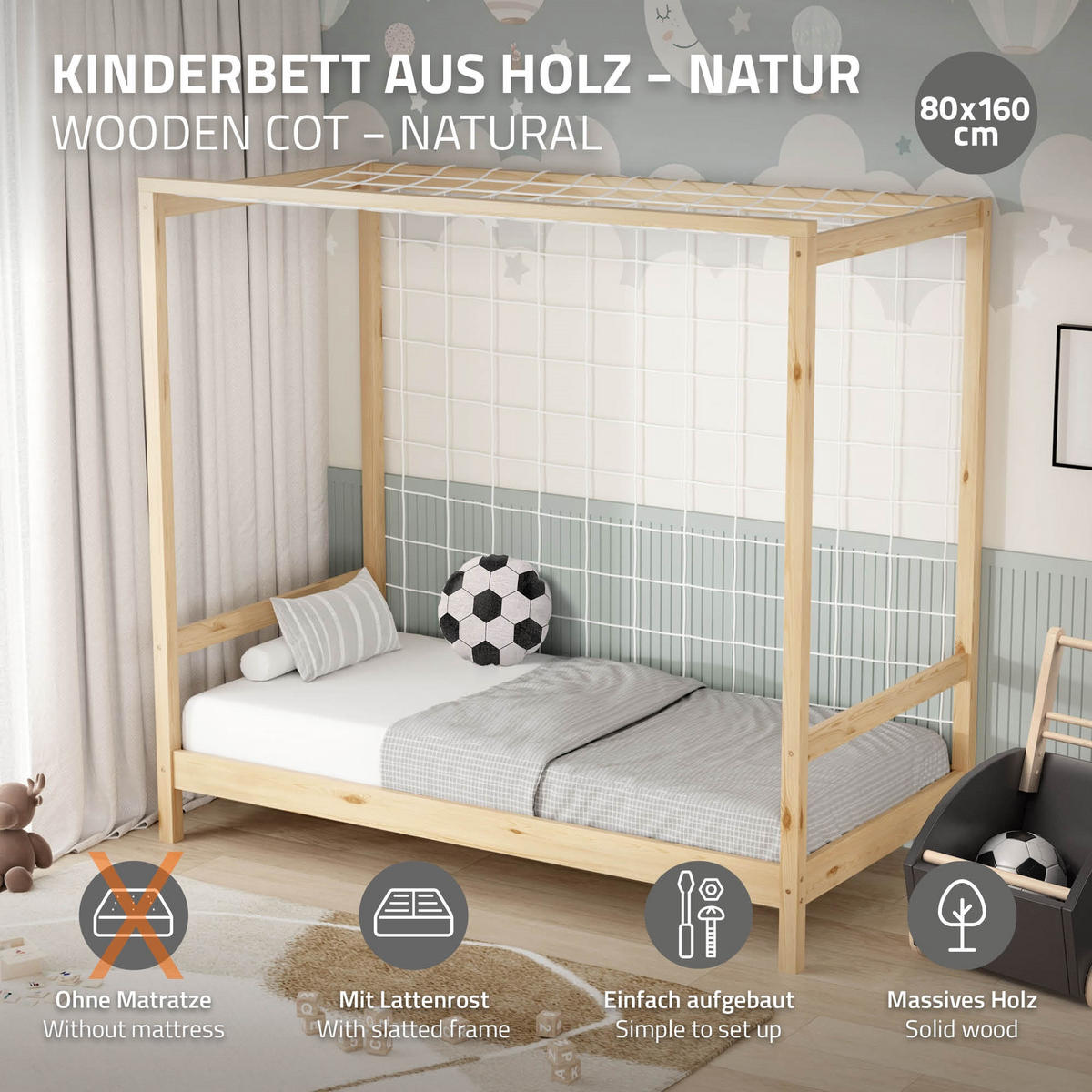 KINDERBETT Fußballtor 80x160 cm Natur - Hellbraun, Holz (80/160cm) - ML-DESIGN