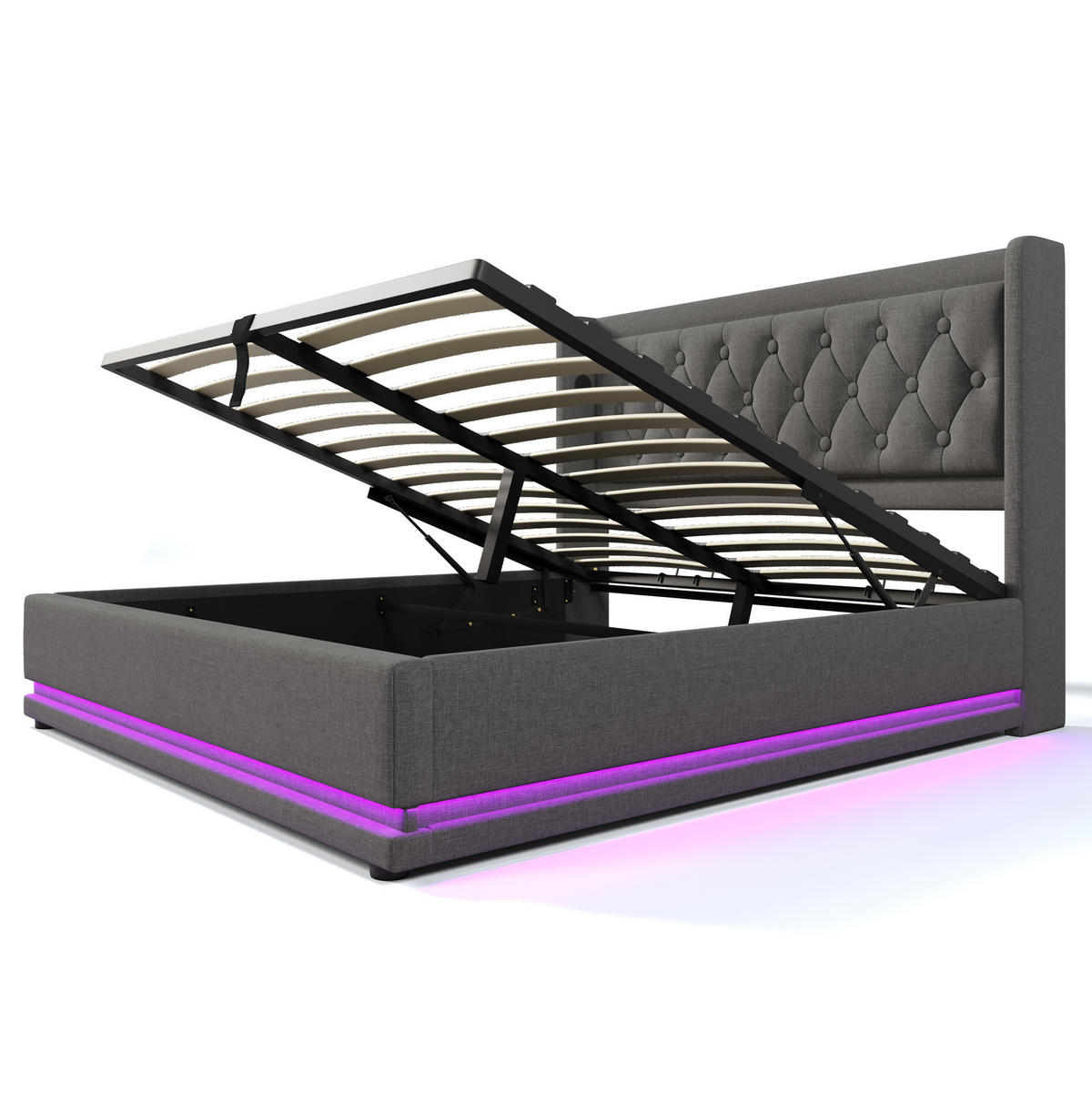 POLSTERBETT 160/200 cm Grau aus Baumwolle mit Stauraum, LED und USB - Grau, Textil (160/200cm) - Flora Grace