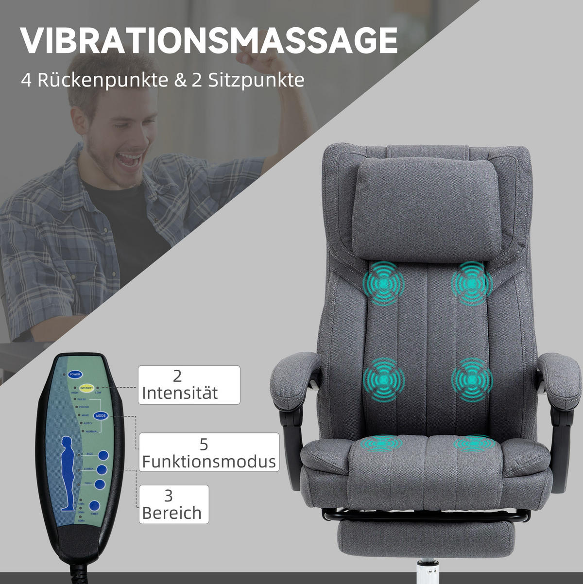 DREHSTUHL 65/61/105-113 cm, ergonomisch mit 6-Punkt-Massage, Leinenoptik, Grau - Grau, Kunststoff (61/113/65cm) - Redom