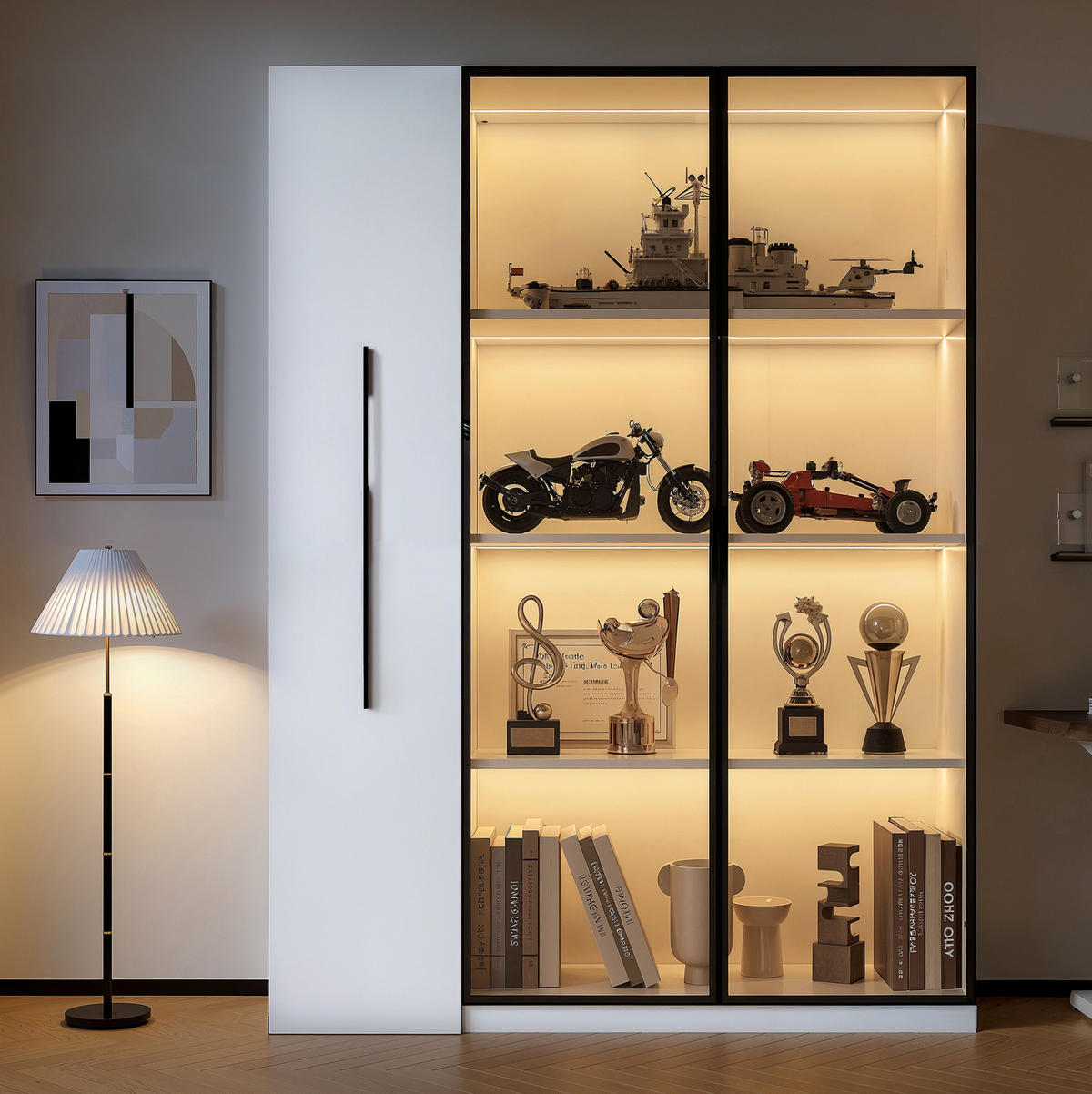 VITRINE 110,5/35/160 cm aus MDF mit LED-Vitrine und Seitenauszug Weiß - Weiß, Holzwerkstoff (110.5/160/35cm) - Modenvie