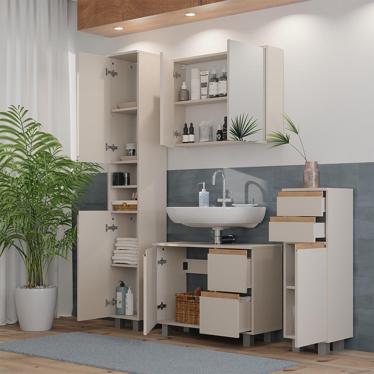BADMÖBEL-SET J-Shape Cashmere/Artisan 4 Teile - Kaschmir/Hellgrau, Holzwerkstoff (80/60.8/33cm) - Vicco