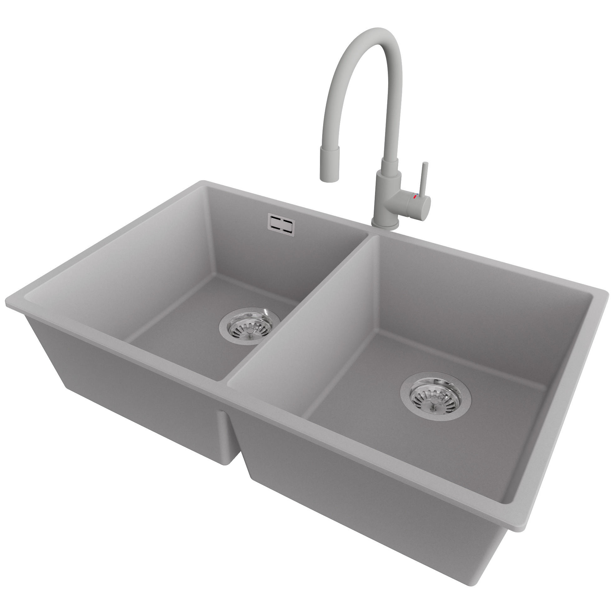 GRANITSPÜLE London Slim Twin, 2-er set Grau 76/47 cm 2 Becken + Küchenarmatur 38/14 cm + Ablauf-Set ab 80er Unterschrank - Chromfarben/Grau, Kunststoff (76/20/47cm) - Primagran