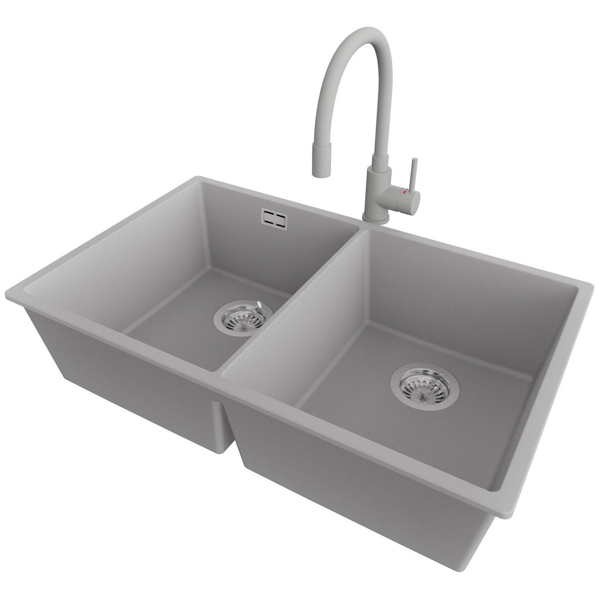 GRANITSPÜLE London Slim Twin, 2-er set Grau 76/47 cm 2 Becken + Küchenarmatur 38/14 cm + Ablauf-Set ab 80er Unterschrank - Chromfarben/Grau, Kunststoff (76/20/47cm) - Primagran