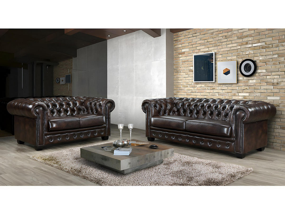 CHESTERFIELD Garnitur 3+2 - Büffelleder - Braun - BRENTON - Braun, Leder (201/73/96cm) - Vente-Unique