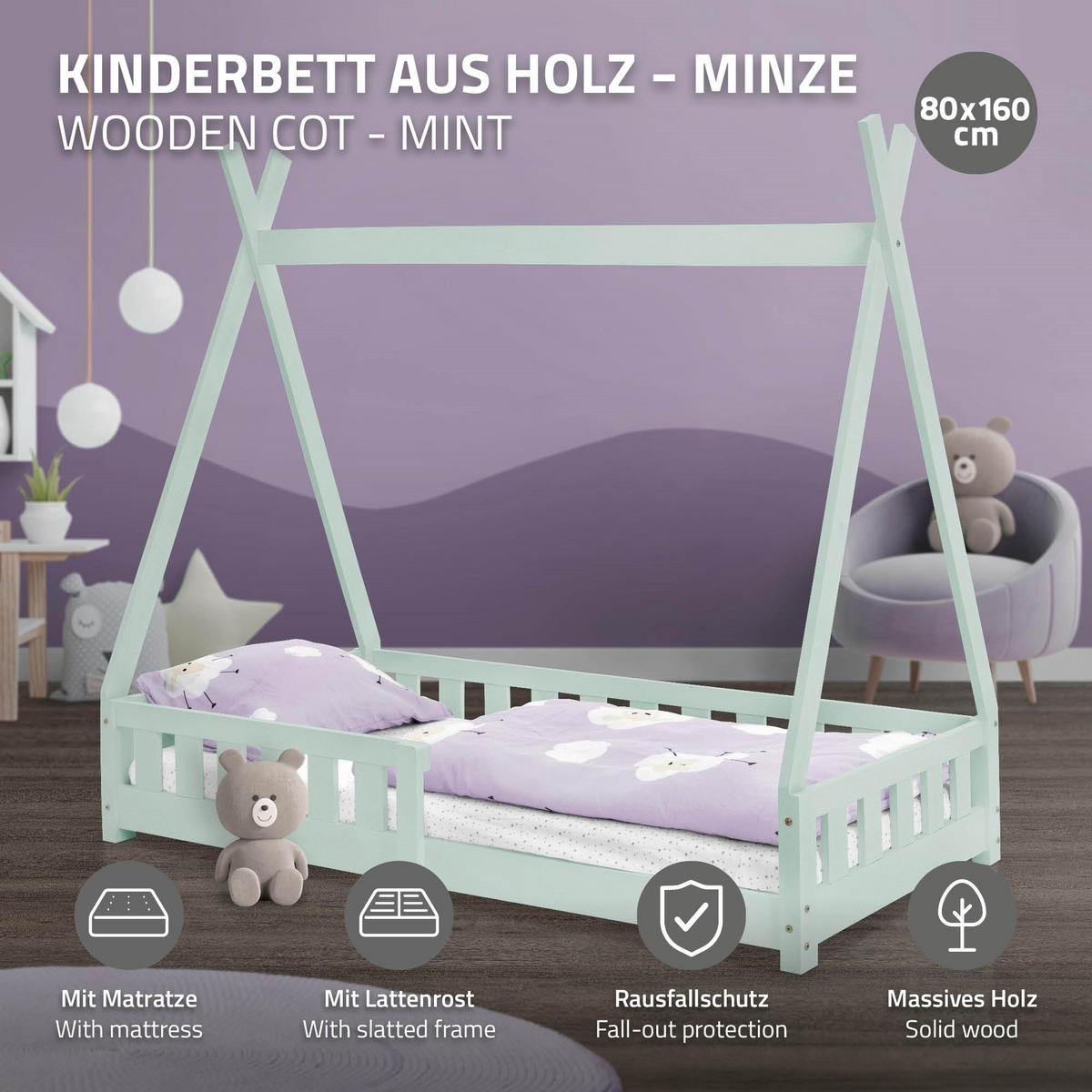 KINDERBETT Tipi mit Matratze 80x160 cm Mint - Mintgrün, Holz (80/160cm) - ML-DESIGN