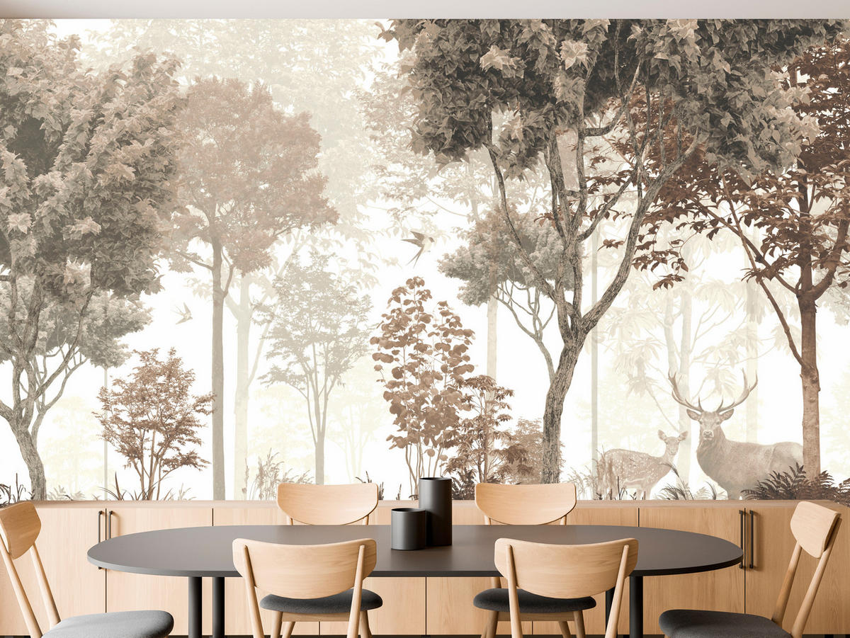 FOTOTAPETE für Esszimmer Vintage Wald Bäume Hirsche 500x350 - Gelb/Beige, Papier (500/350cm) - Muralo