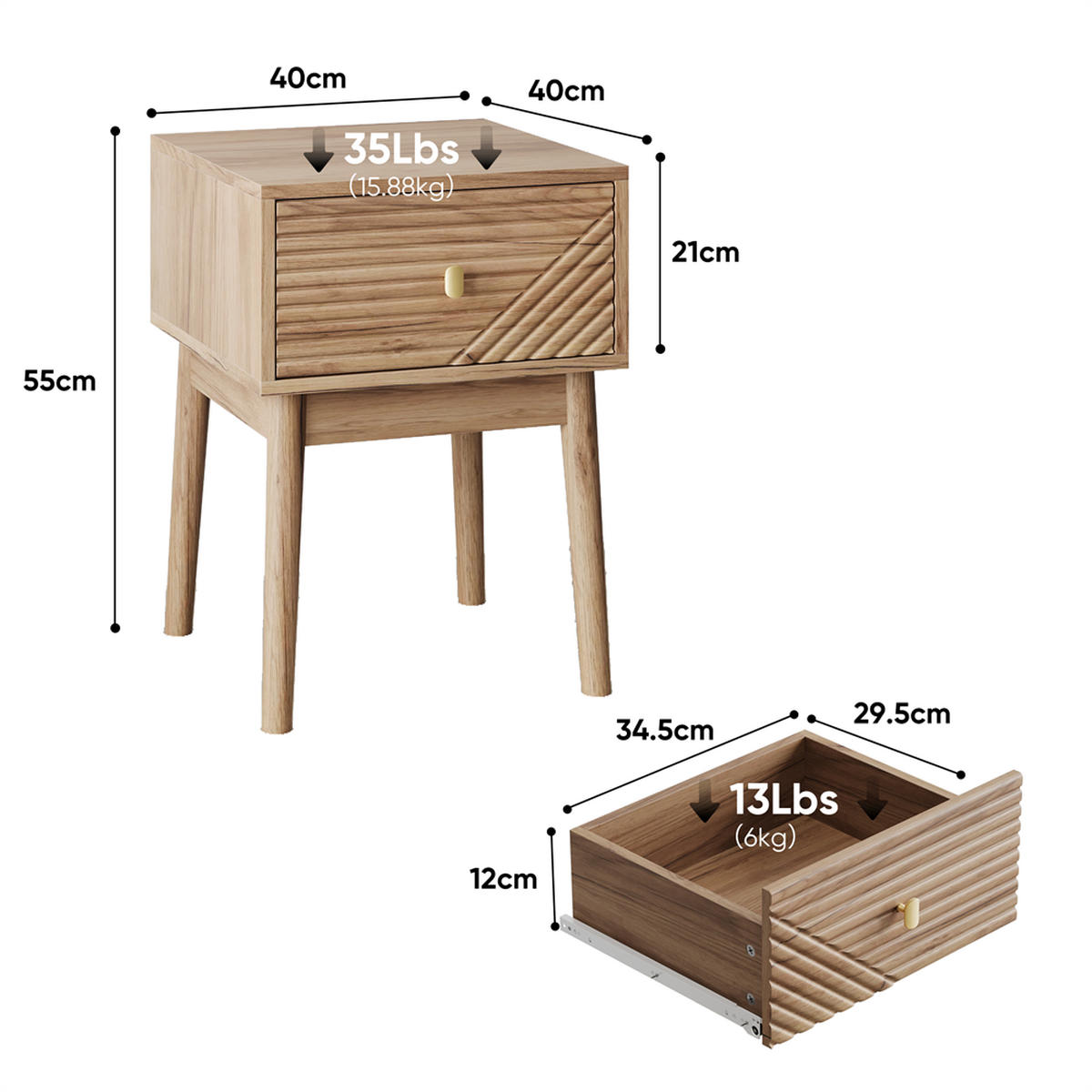 NACHTTISCH mit Schublade & Goldener Griff - 40x 40 x 55 cm - 2er Set Nachttische in Eichenoptik mit Rillen-Muster - Eichefarben, Holzwerkstoff (40/55/40cm) - DELFA