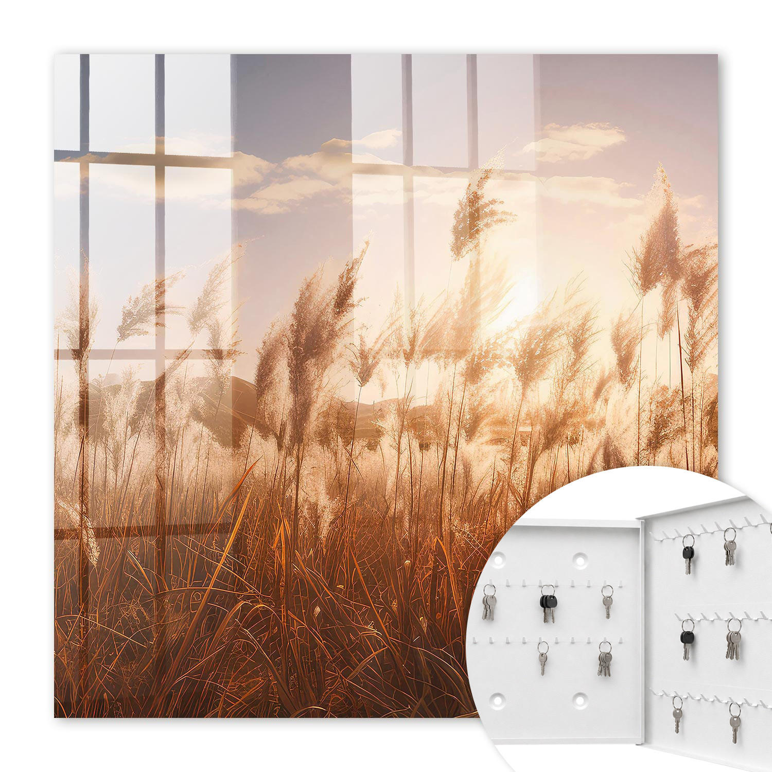 SCHLÜSSELBOX Weiß 30x30 cm – Türöffnung nach rechts - Sonnenuntergang im Gras - Orange, Metall (30/30/5cm) - TULUP