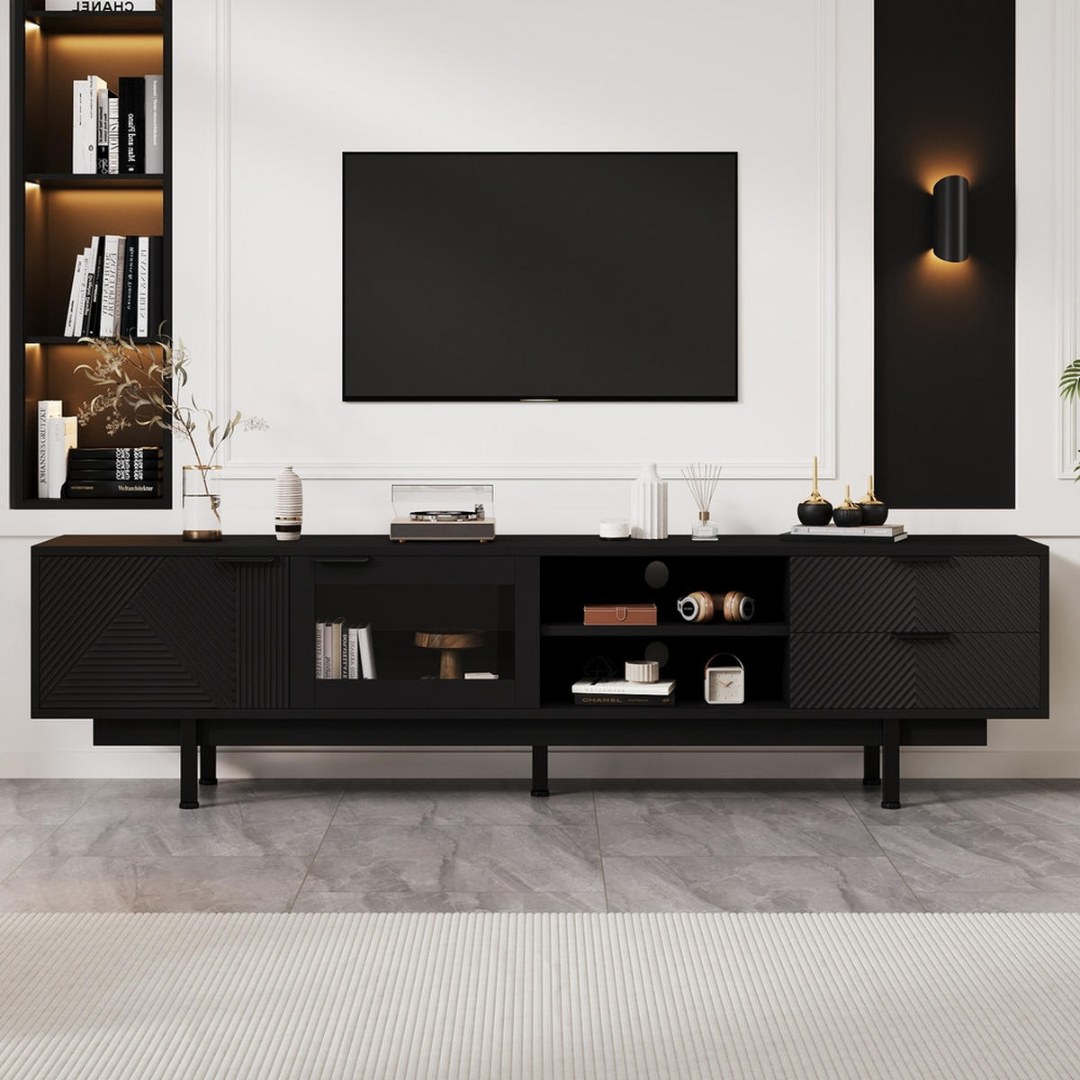 TV-SCHRANK 200x40cm Modern Schwarz 2 Türen 2 Schubladen Stauraum bis 80 Zoll - Schwarz, Holz (46.02/19.3/71.12cm) - FLIEKS