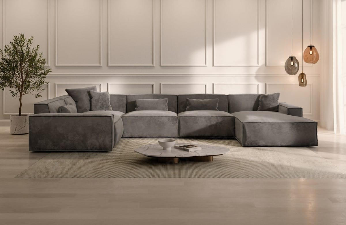 WOHNLANDSCHAFT Beluga Dunkelgrau Samtstoff - Dunkelgrau, Kunststoff (313/73/181cm)