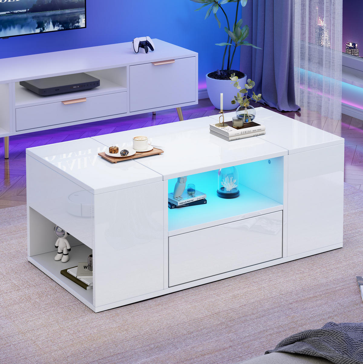 COUCHTISCH 100/50/40 cm mit LED-Beleuchtung, 1 Schublade und 6 Ablagebereichen, Hochglanz, Weiß - Weiß, Holzwerkstoff (100/50/40cm) - Modfu