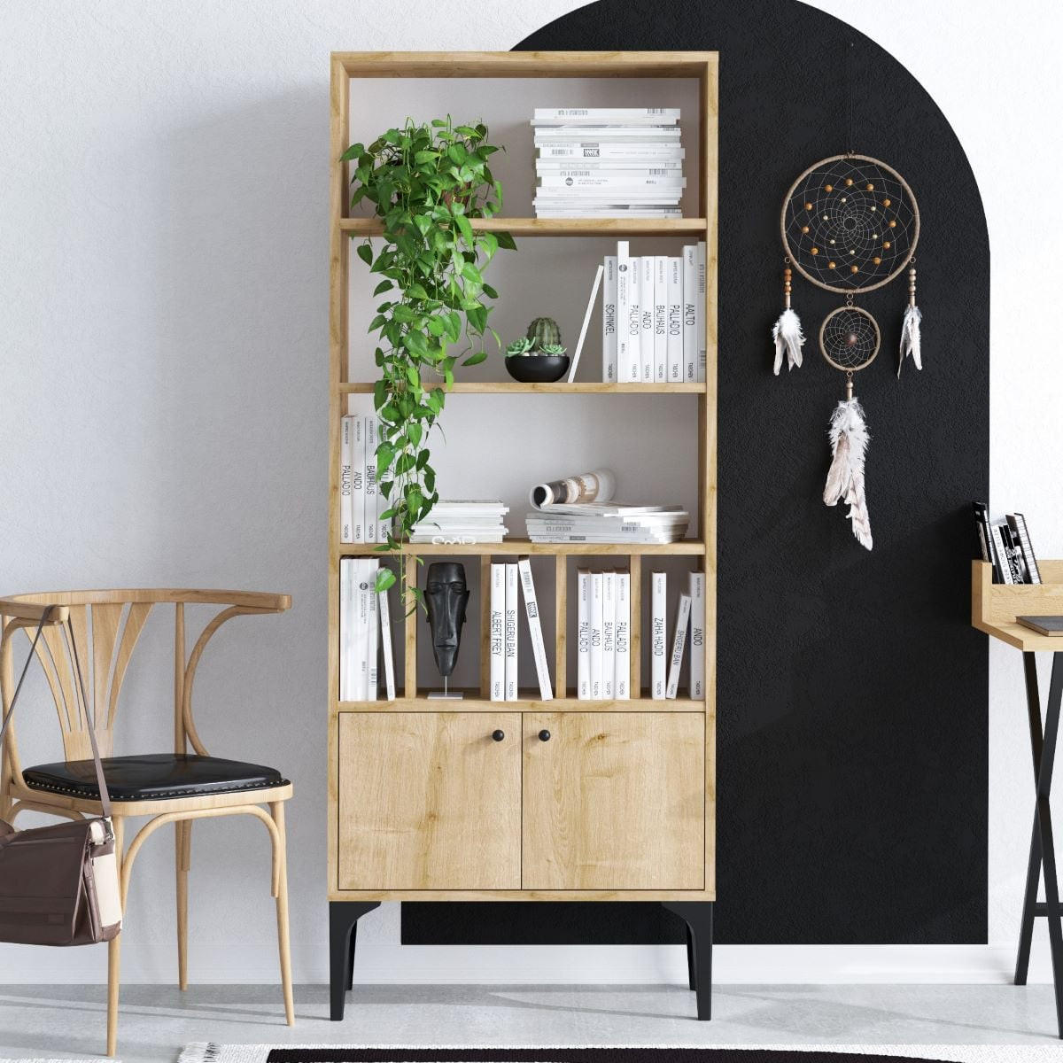 REGAL Bücherregal 8 Regale 2 Türen Eiche Saphir Dekor H175 cm - Pollux - Eschefarben, Holzwerkstoff (30/175/60cm) - Calicosy