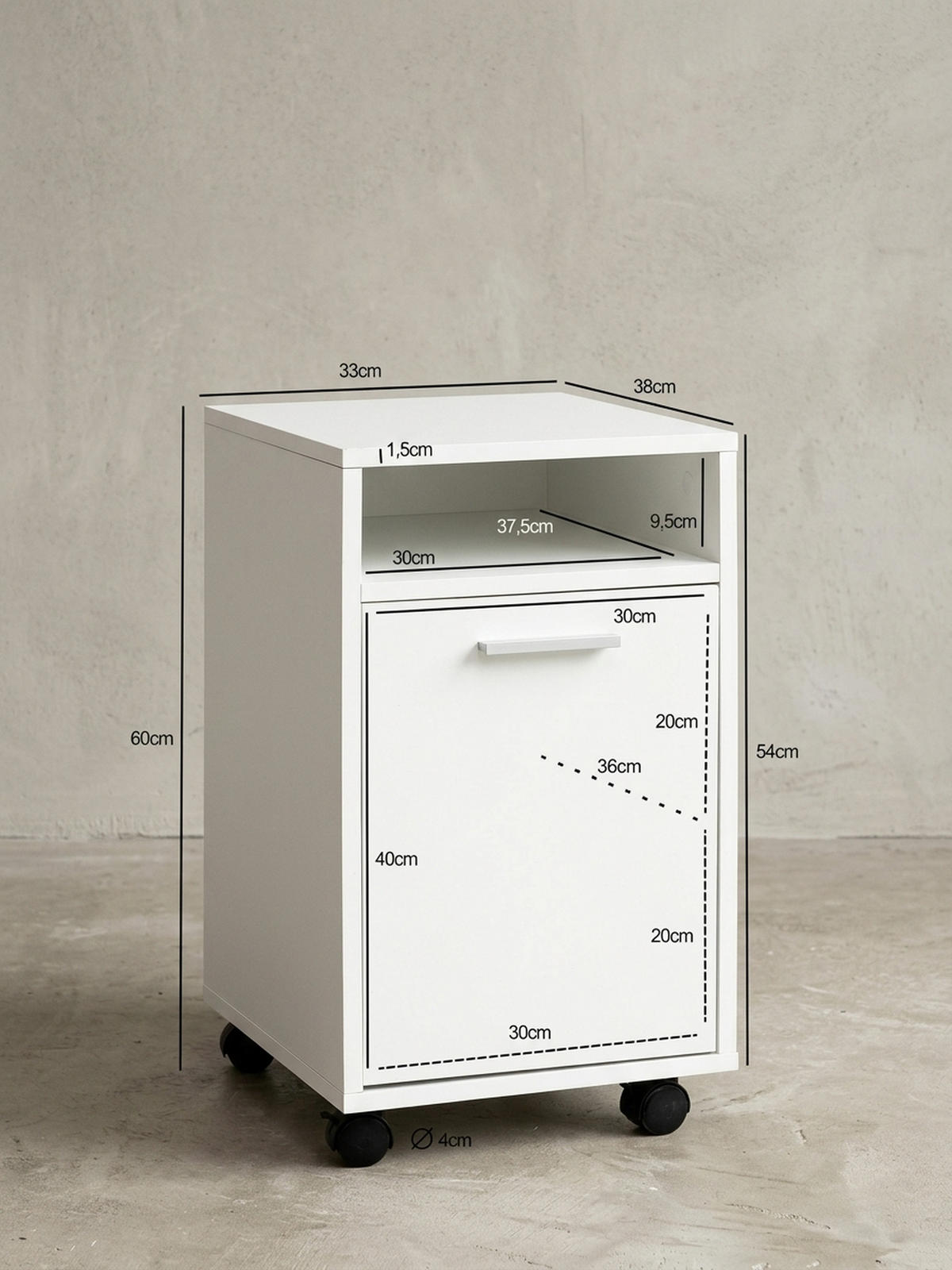 ROLLCONTAINER 2 Türfächer Ablage Rollen Mit Bremsen OSSOLA, Weiß 33x38x60 cm - Schwarz/Weiß, Holz/Kunststoff (33/60/38cm) - KADIMA DESIGN