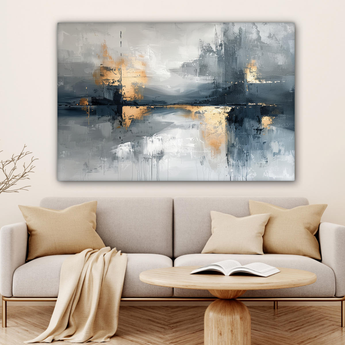 LEINWANDBILD Kunst - Grau - Gold - Abstrakt Wohnzimmer Groß 120x80 cm - Dunkelgrau, Textil (120/80cm) - MuchoWow