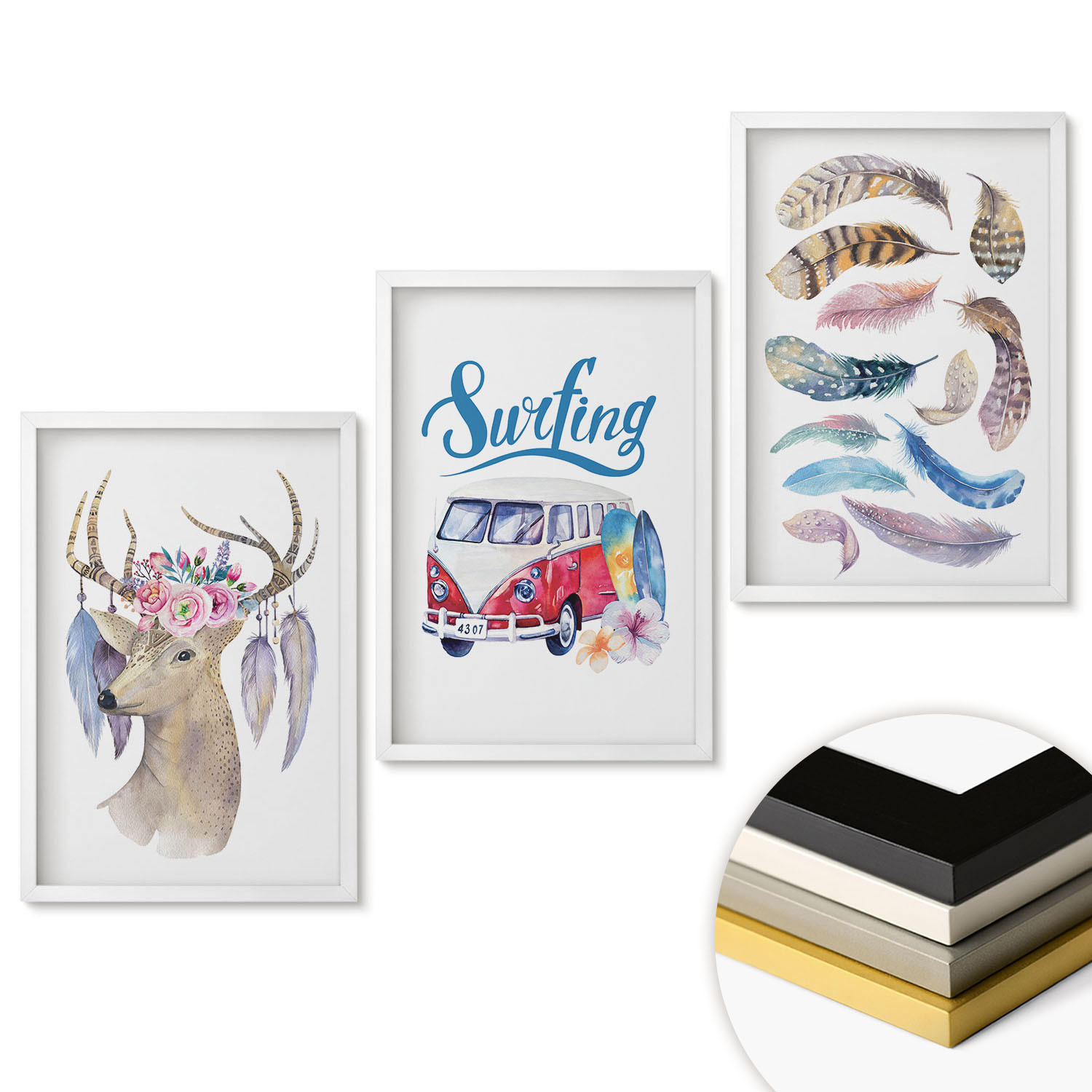WANDBILDER 3er-Set - 40x60 cm Weißer Rahmen - Blumenwagen mit Geweih - Weiß, Kunststoff (40/60cm) - ArtPrintCave