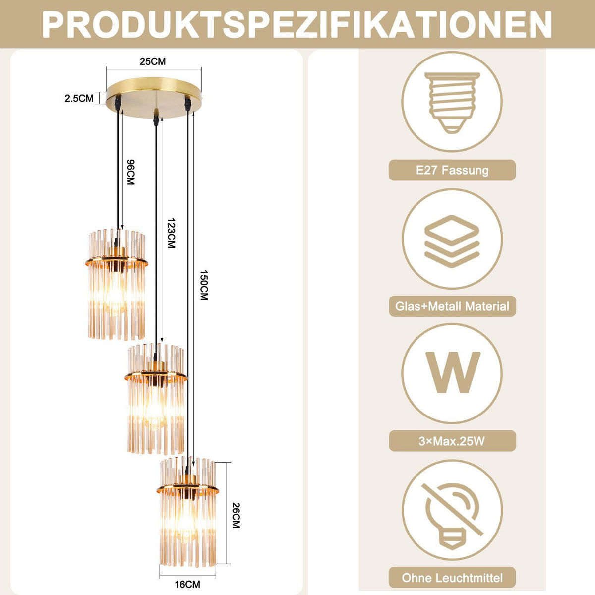 PENDELLEUCHTE BARRETT Ⅲ 25/25/150 cm - Goldfarben, Metall (25/25/150cm) - Nettlife