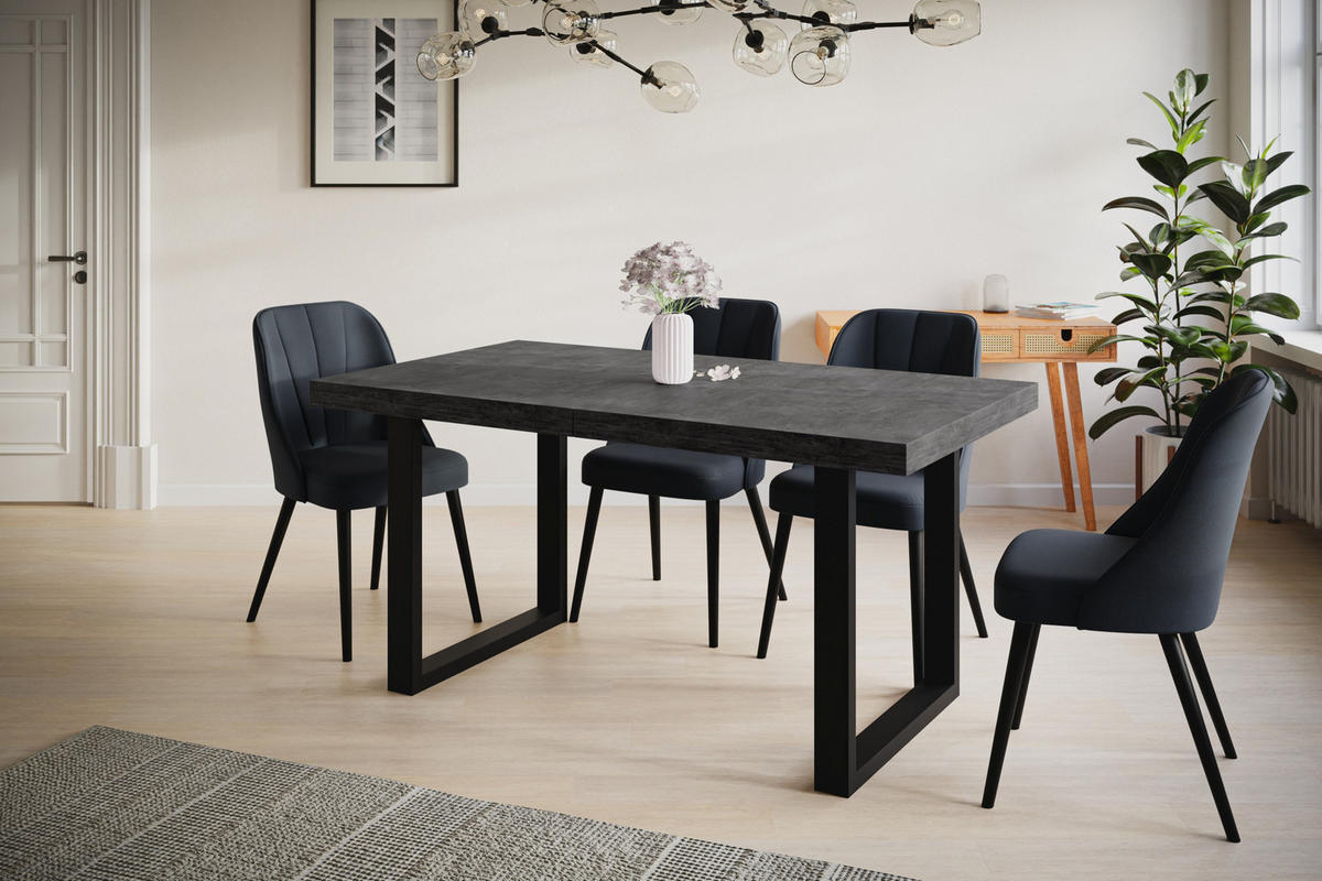 ESSZIMMERTISCH LOFT-U, ausziehbarer Tisch 140-240X80X77 cm, Farbe: Dunkelgrau, mit Metallbeinen in Farbe Schwarz - Dunkelgrau/Schwarz, Holzwerkstoff (140/80/77cm) - Alpi-Möbel