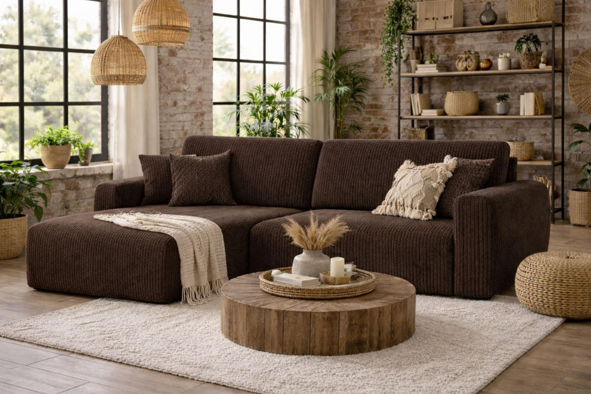 ECKSOFA Mit Schlaffunktion Ariel L, Cordstoff, Stoff Poso, Braun, Links - Braun, Holz (250/142cm) - Kaiser Möbel