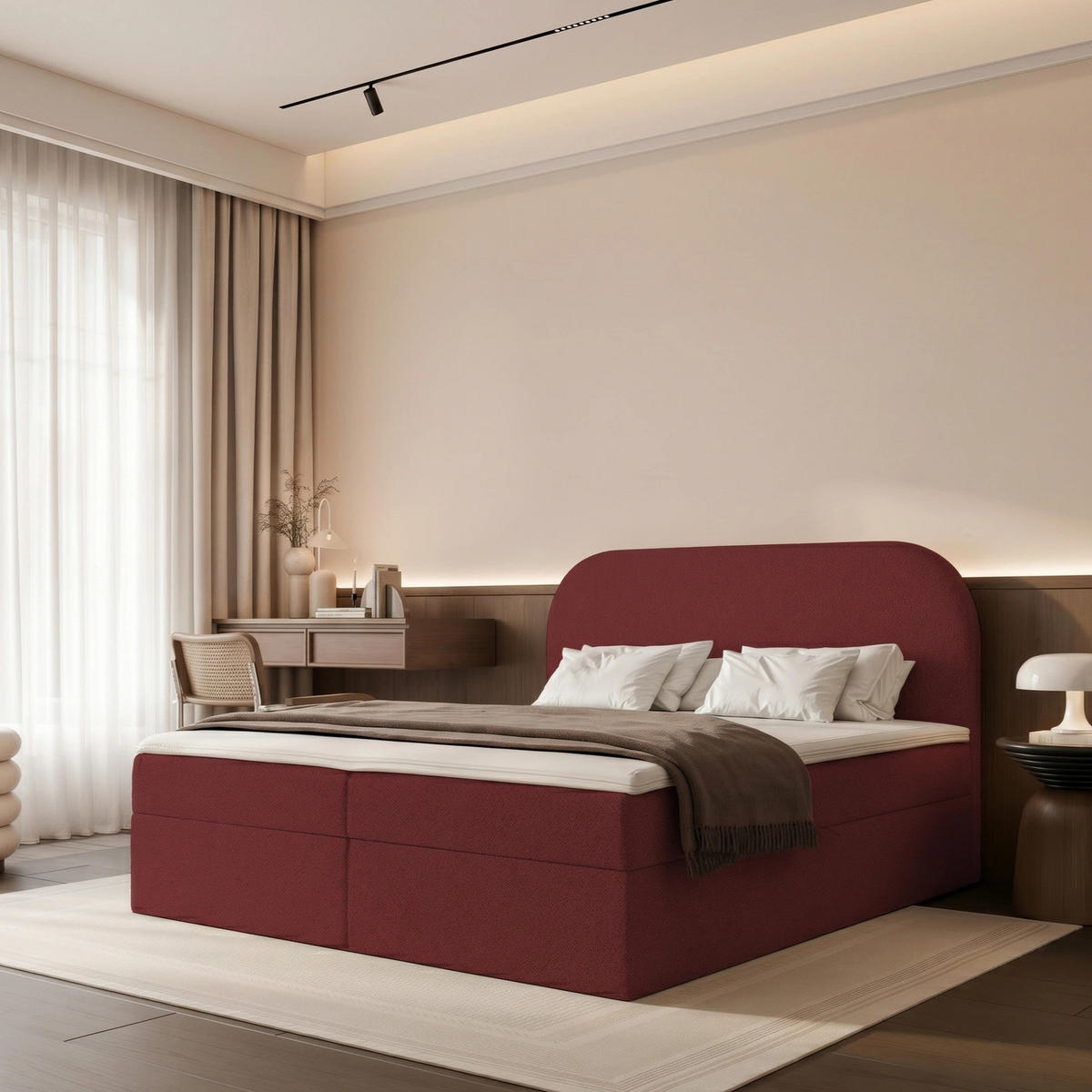 BOXBETT FUZZI 140x200 cm Bordeaux (Stoff Monte) - mit 2 Bettkästen, Bonellmatratze und weichem Kopfteil - Bordeaux, Holzwerkstoff/Textil (140/200cm) - Ravio