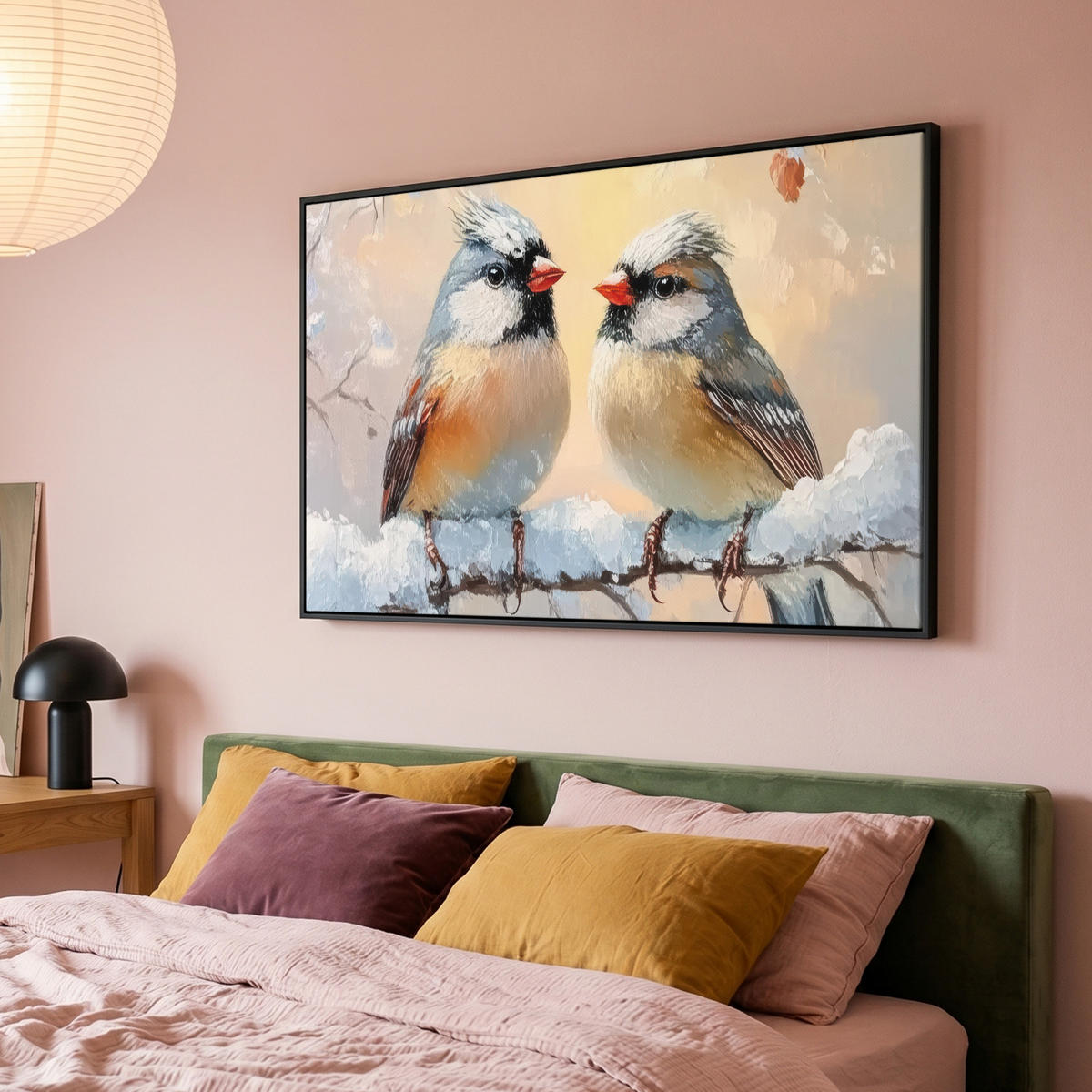 LEINWAND Bilder mit Rahmen - Vögel - Zweig - Winter - Schnee - 120x80 - Pastellblau, Textil (120/80cm) - MuchoWow