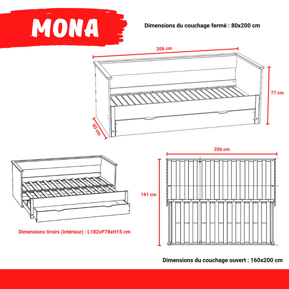 AUSZIEHBETT 80x200 cm, Weiß - Weiß, Holz/Holzwerkstoff (160/200cm) - Weber Industries