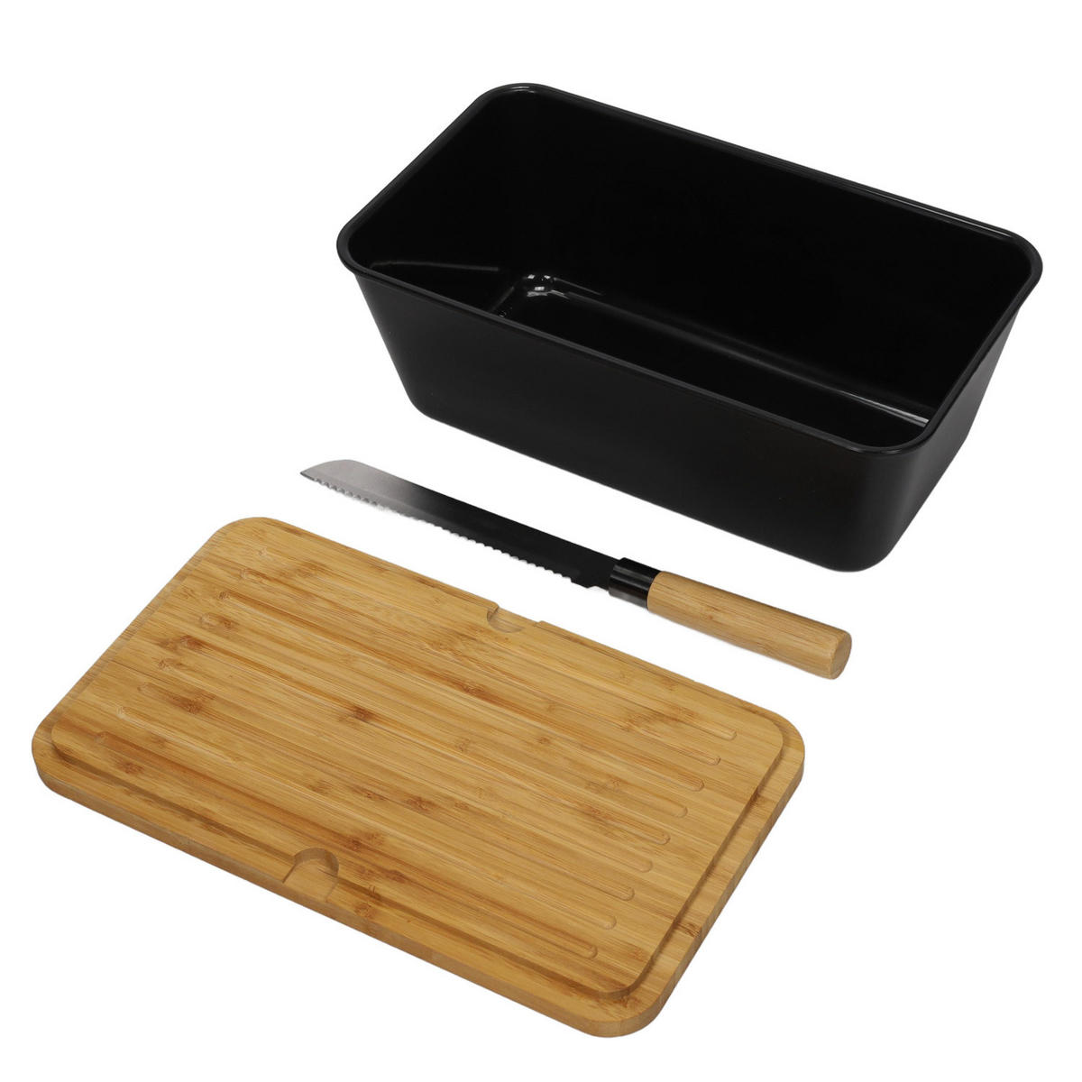 BROTKASTEN mit Bambusdeckel und Brotmesser 34,8/20/15,5 cm - Schwarz, Naturmaterialen (20/15.5/34.8cm) - Kesper