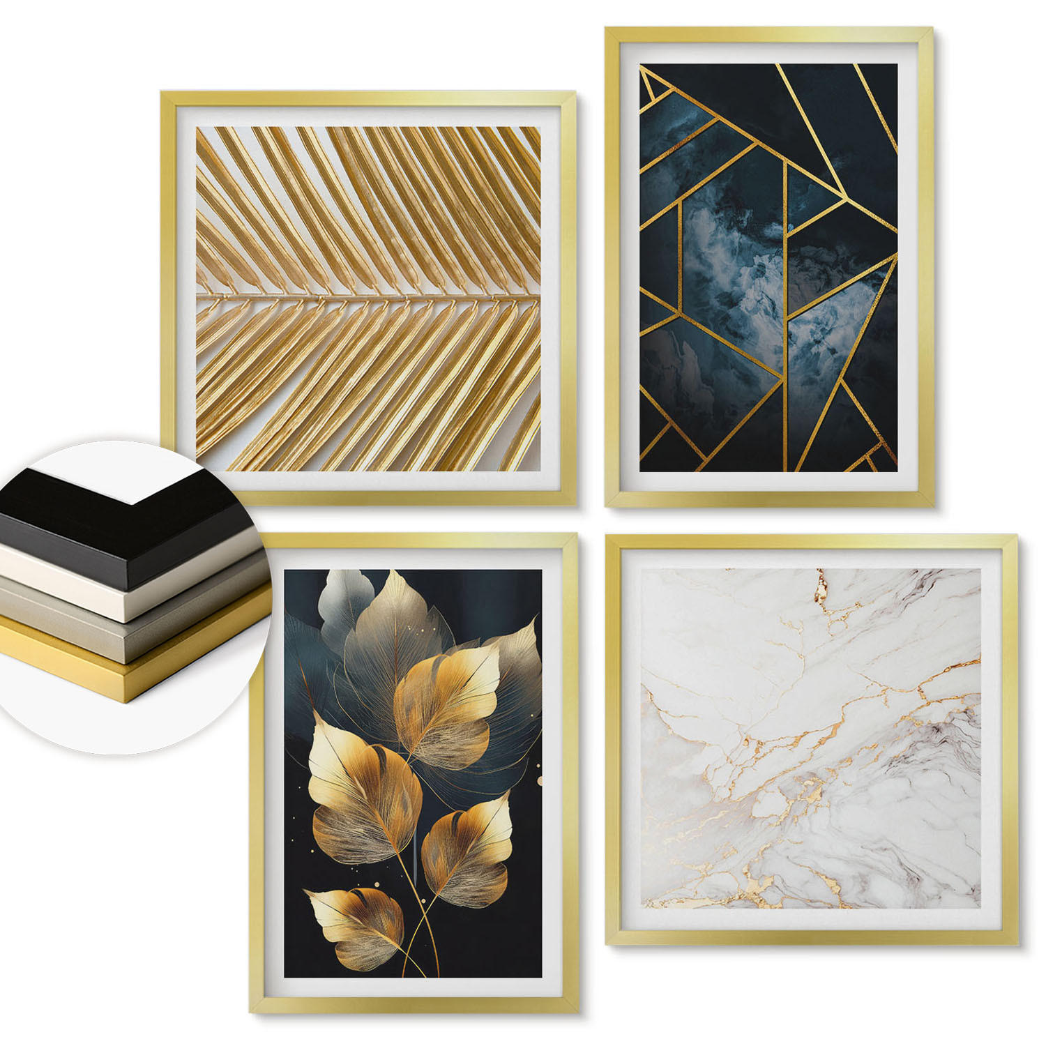 WANDBILDER 4er Set - 50x50 cm & 40x60 cm Goldrahmen - Moderne Pflanzenmuster - Goldfarben, Kunststoff (50/50cm) - ArtPrintCave