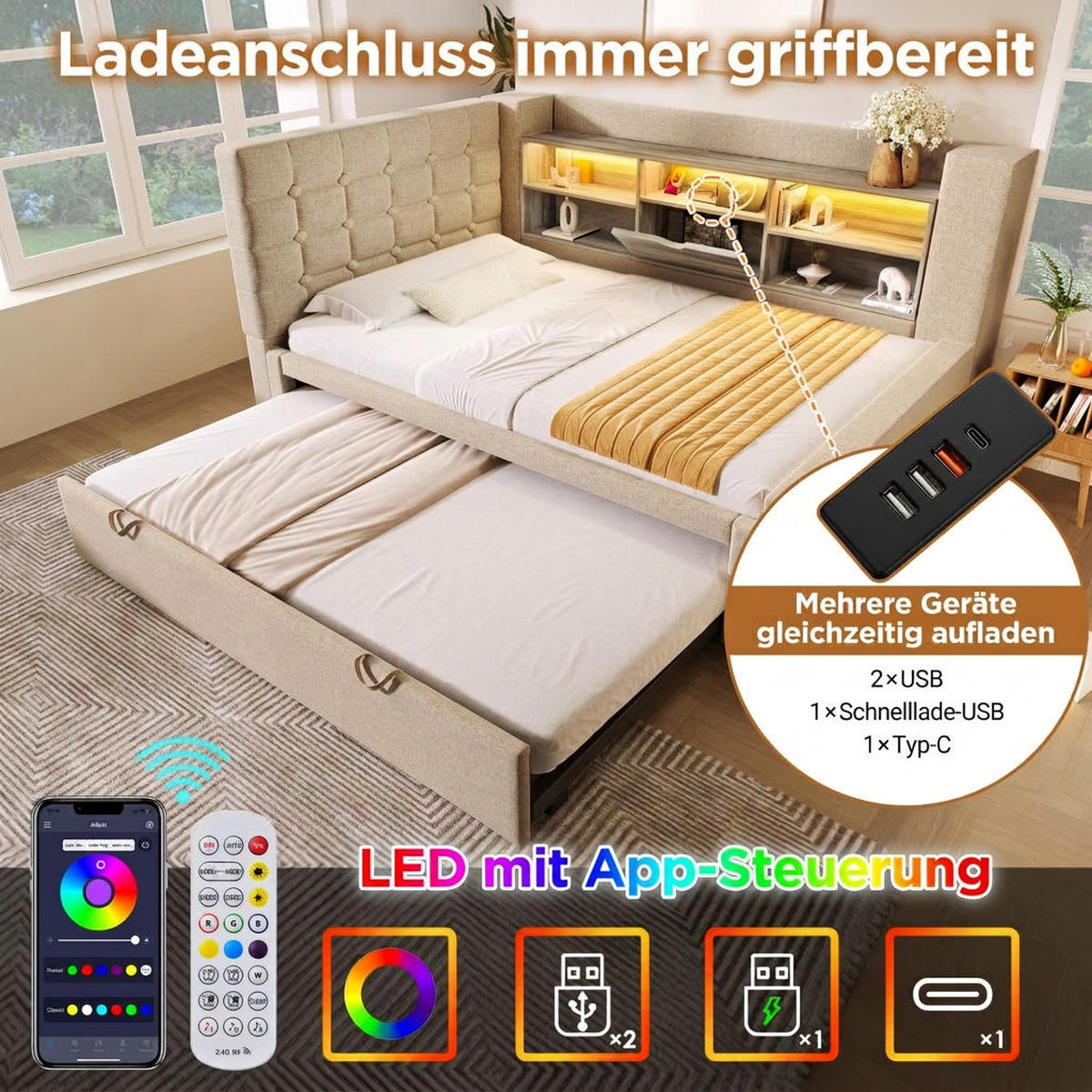 POLSTERBETT 90/200 cm Beige mit Ausziehbett 90/190 cm LED-Beleuchtung und Stauraum (Ohne Matratze) - Beige, Textil (90/200cm) - Oxeza