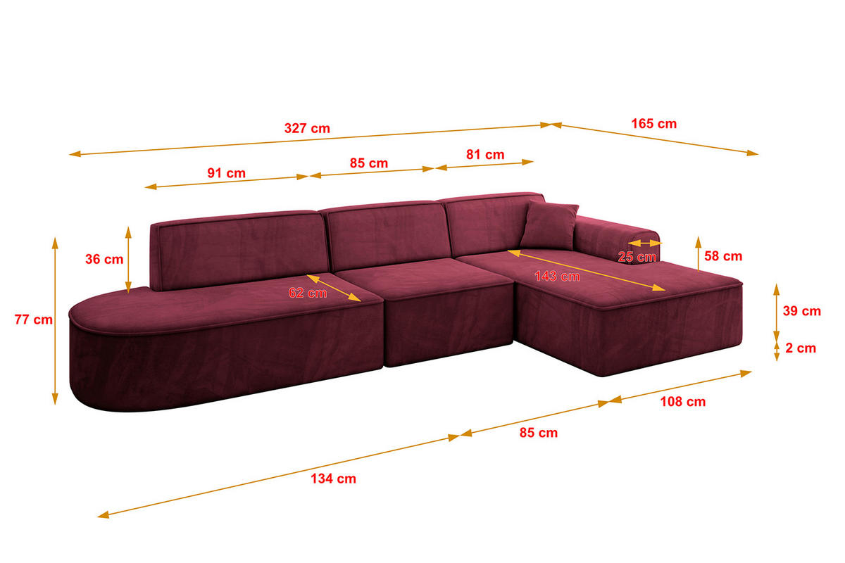 ECKSOFA Ottomane Rechts IREA-L2-v3 - 327x165x77 cm Bordeauxrot - Bordeaux, Holzwerkstoff/Textil (327/165cm) - ALTDECOR