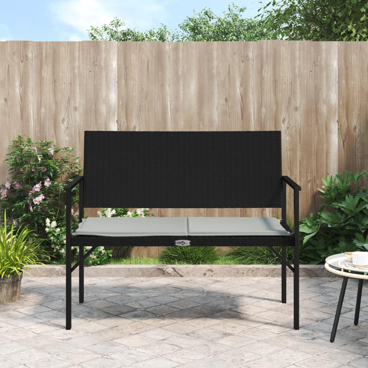 GARTENBANK 2-Sitzer mit Kissen Schwarz Poly Rattan - Schwarz, Holz (109/88/62cm) - furnicato