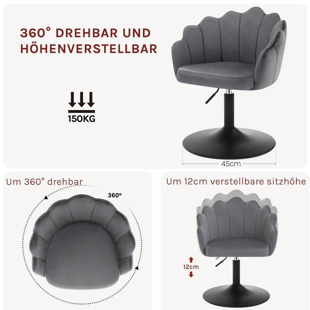 DREHSTUHL, Blumenform, Smt, Schminkstuhl, Dunkelgrau - Dunkelgrau/Schwarz, Textil/Metall (55/67/50cm) - Woltu