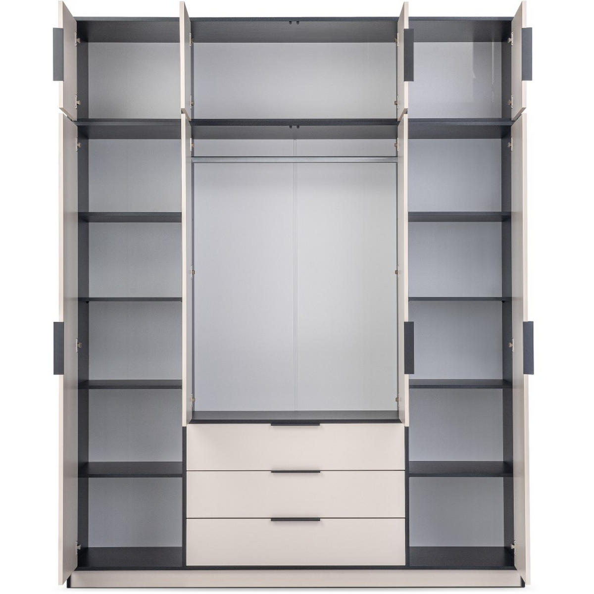 DREHTÜRENSCHRANK Livo mit 4 Türen und 3 Schubladen, mit Schrankaufsatz, kaschmir+schwarz, 200 cm - Kaschmir/Schwarz, Holzwerkstoff (200/245/57cm) - Beautysofa