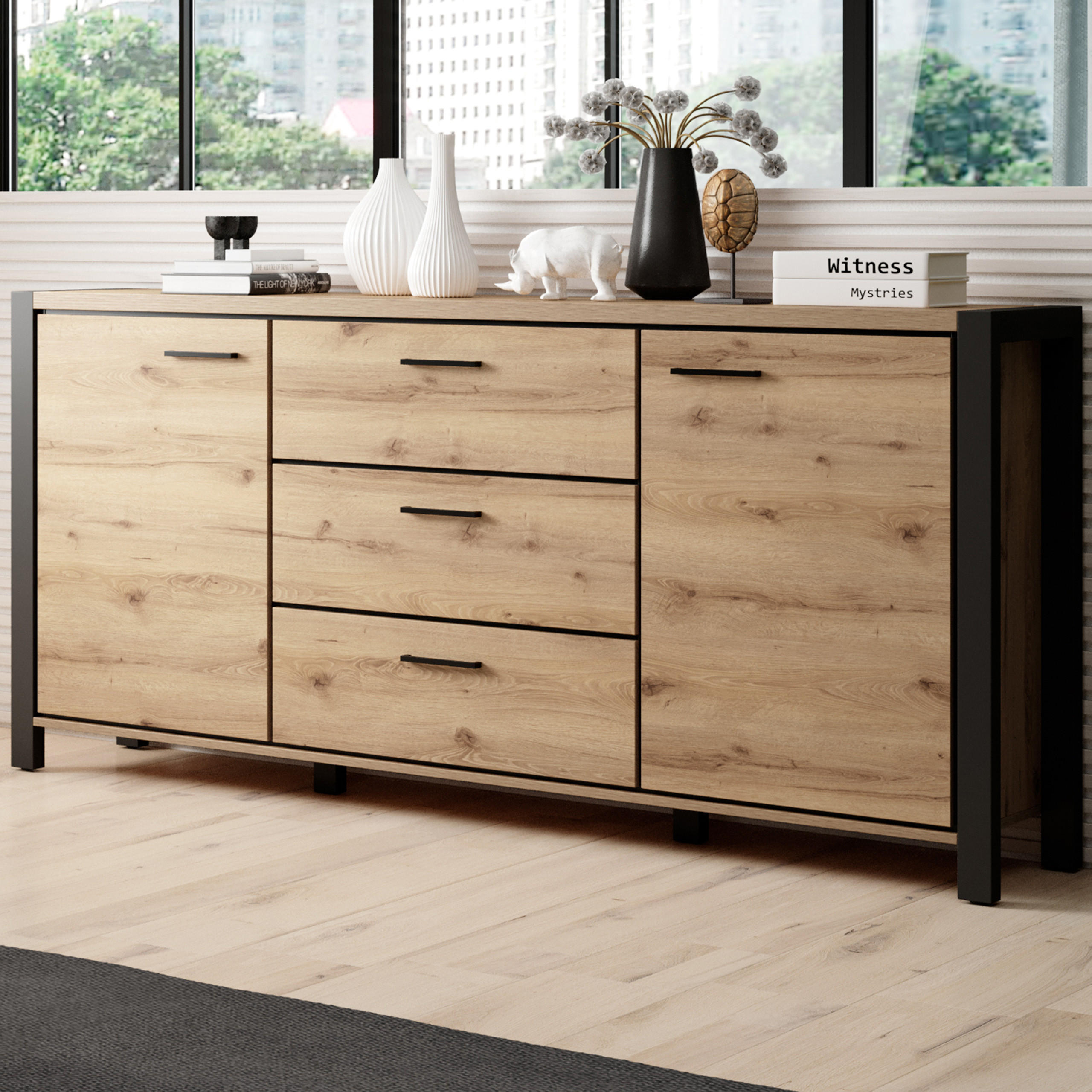 SIDEBOARD ATTIVO 180/91/41 cm mit 3 Schubladen und 2 Türen Eichefarben - Eichefarben, Holzwerkstoff (180/91/41cm) - MASSENO
