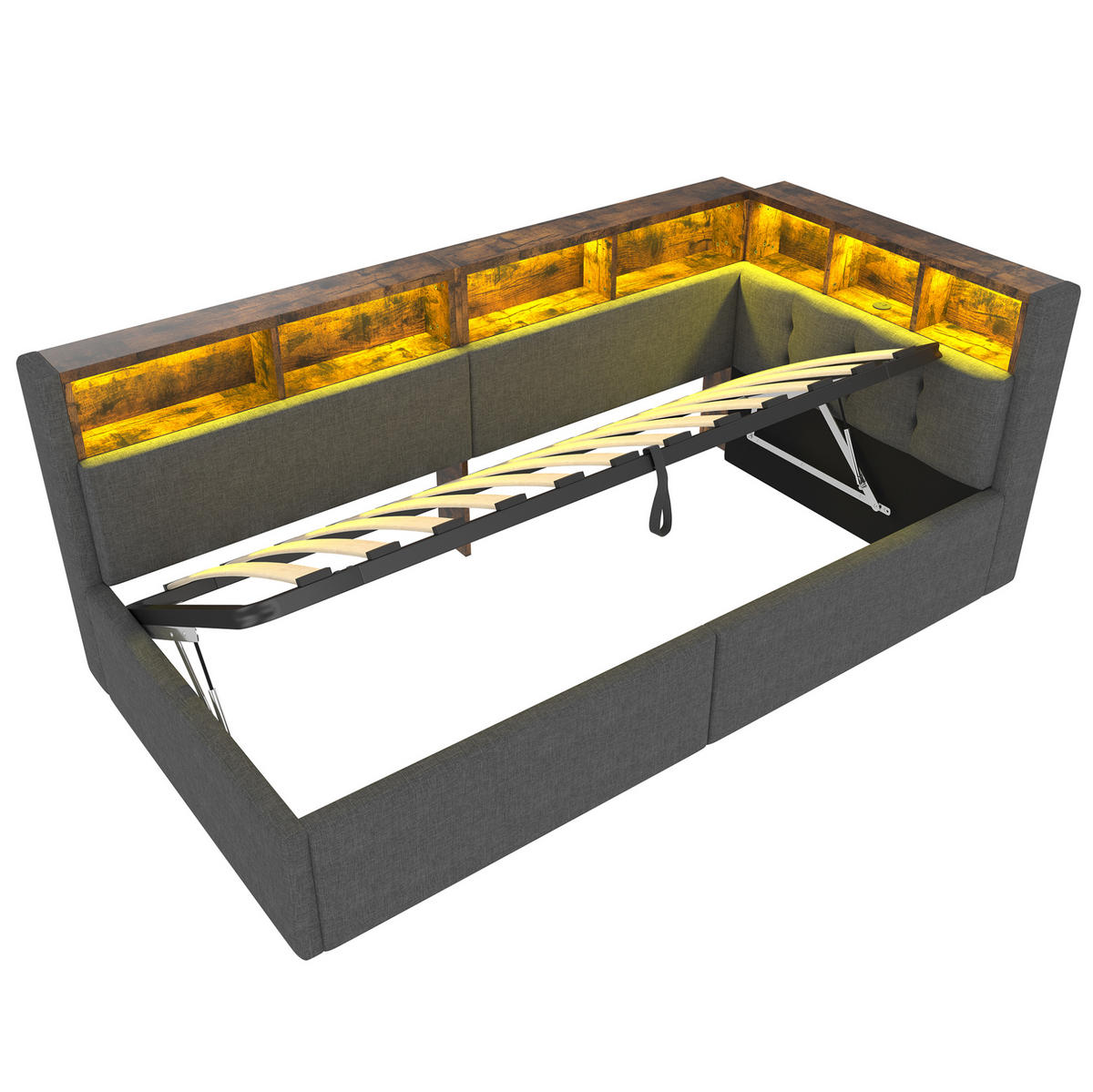 ČALOUNĚNÁ postel 90/200 cm s USB a Type-C porty, LED osvětlením a hydraulickým úložným prostorem, Šedá - šedá, textil (90/200cm) - Redom