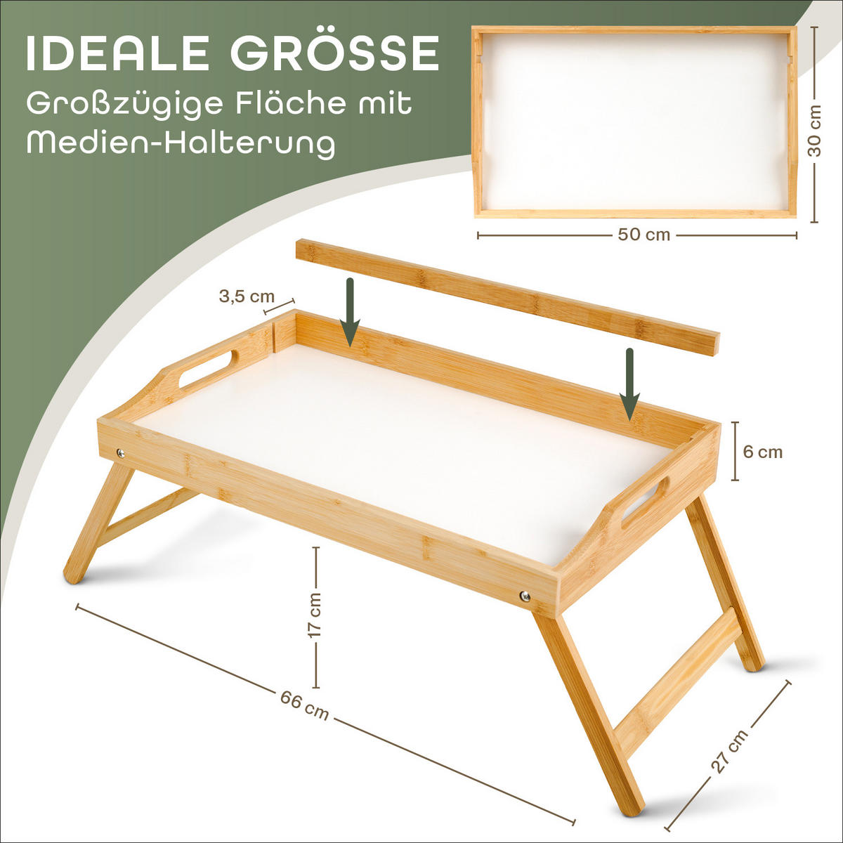 PODNOS DO POSTELE z bambusu s drevenou vzperou, 50x30x6cm, Biela - biela, drevo (30/6/50cm) - Blumtal