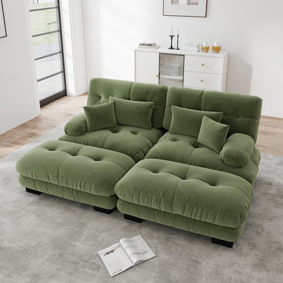 SOFA 2-Sitzer aus Chenille mit 2 Ottomans & modularem Design, grün - Grün, Textil (145/81/220cm) - Luhomfu