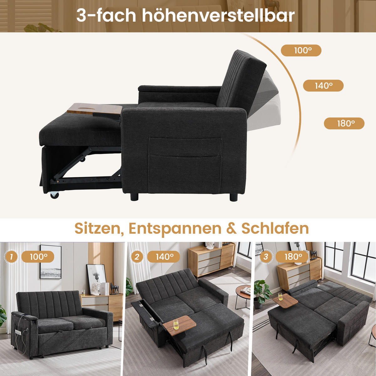 SCHLAFSOFA 140/84.5/84 cm Grau mit Klapptablett, USB & Type-C Ladeanschluss, Seitentaschen und Rollen - Grau, Textil (140/84/84.5cm) - Oxeza