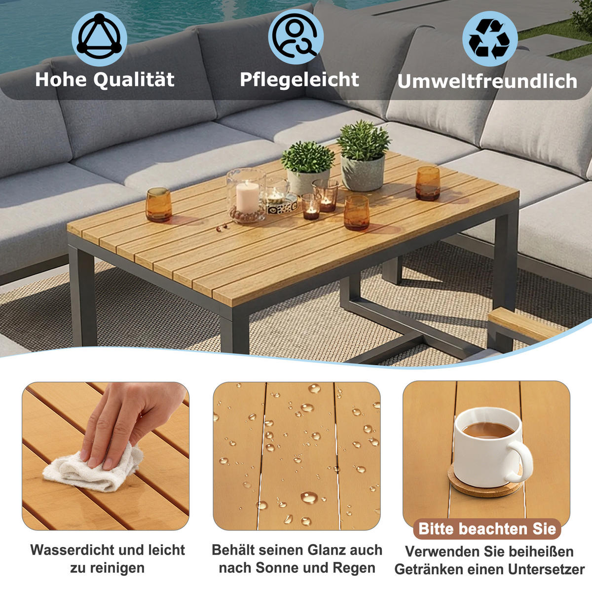 GARTENSET L-Form 8 Personen Grau Mit Holztisch & Sessel - Grau, Metall - FLIEKS