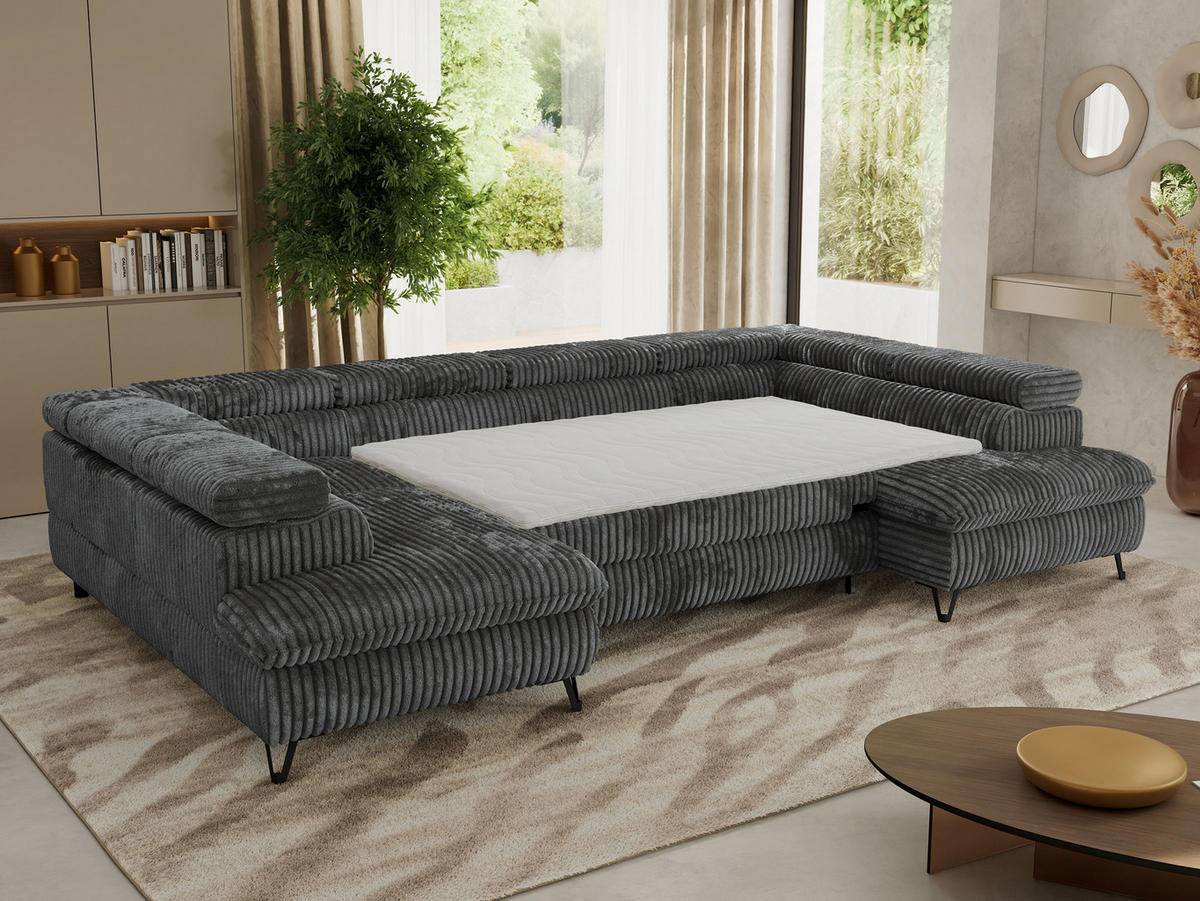 WOHNLANDSCHAFT PABLO U Cord Grau mit Topper T25 - Dunkelgrau/Schwarz, Textil/Metall (346/76/208cm) - MKS