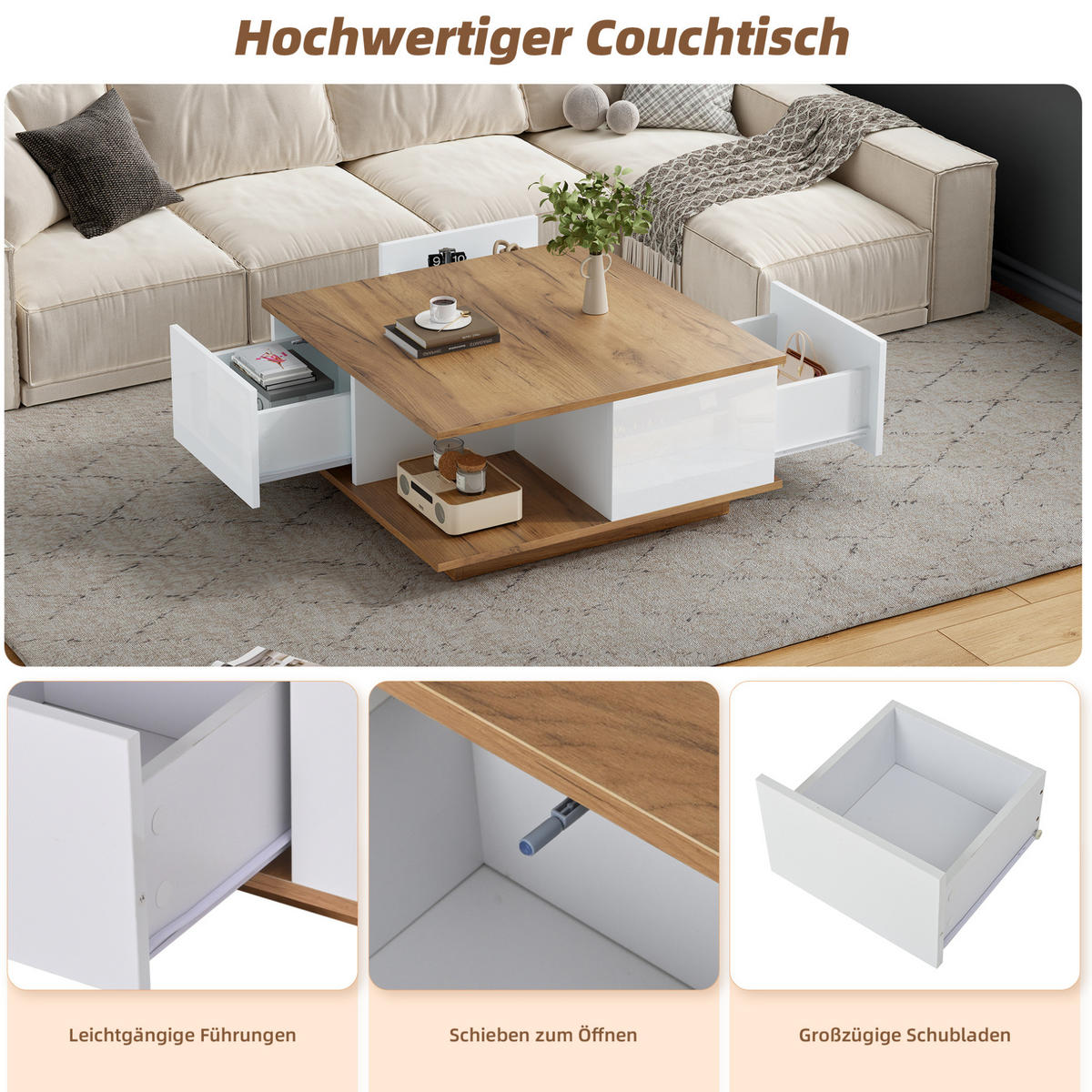 COUCHTISCH 70/70/31,5 cm mit 3 Schubladen und halboffenem Stauraum in Hochglanzoptik, Weiß/Walnuss - Walnussfarben, Holzwerkstoff (70/70/31.5cm) - Redom