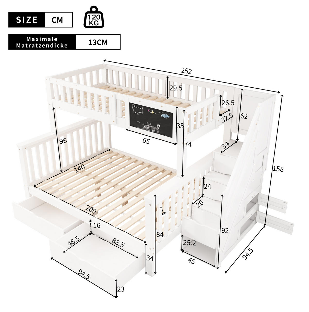 KINDERBETT aus Massivholz 90x200/140x200 cm in Weiß mit Tafel & Stauraum - Weiß, Holz (90/200cm) - Modfu