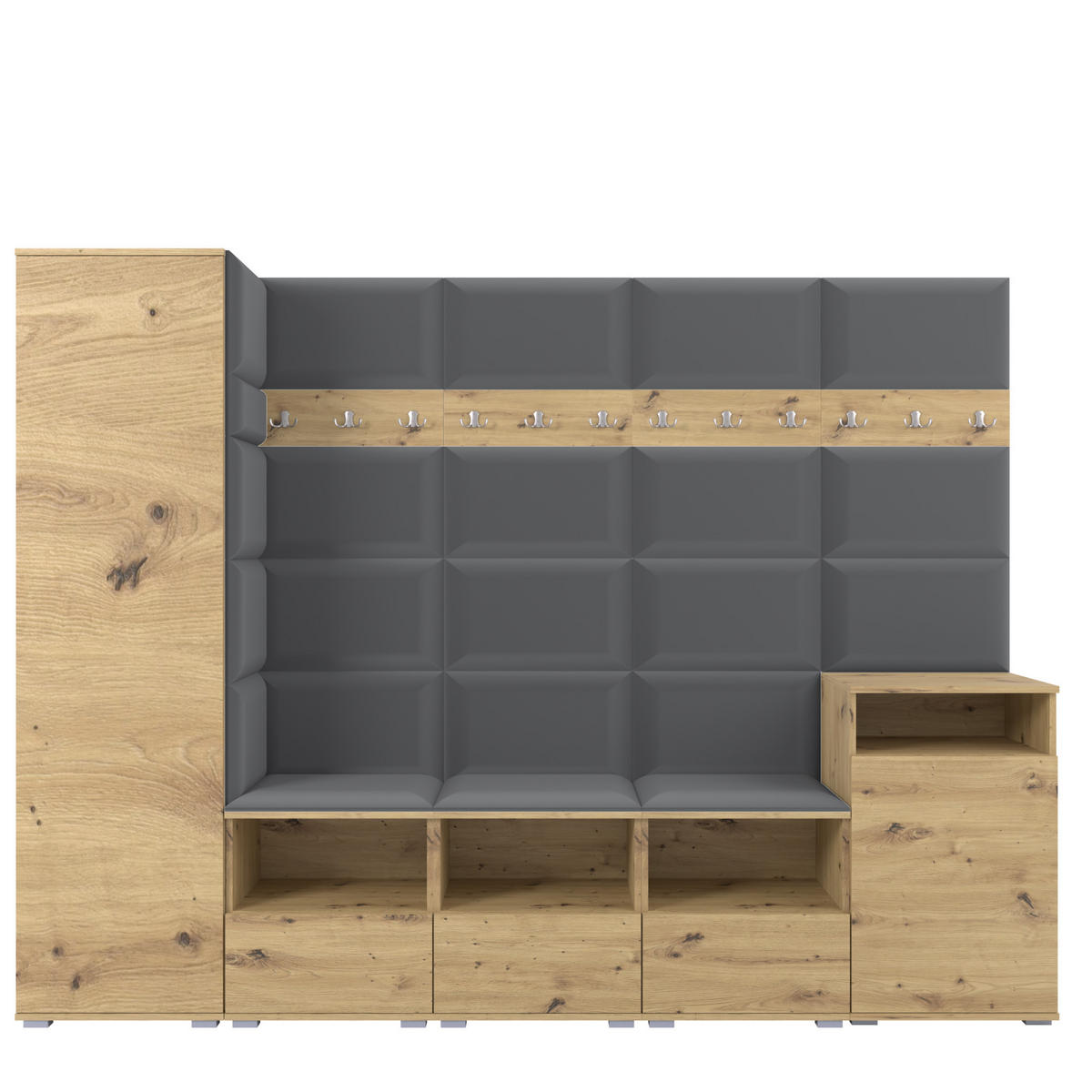 GARDEROBE NELA XI 250 cm (Modulare Flurmöbel Artisan Eiche mit Sitzpolster Dunkelgrau 15 Großes Set) - Dunkelgrau/Silberfarben, Holz/Holzwerkstoff (250/187/40cm) - Ravio