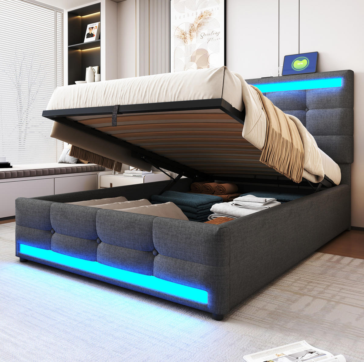 POLSTERBETT mit LED-Beleuchtung 90/200 cm in Grau mit USB und verstellbarem Kopfteil - Grau, Textil (90/200cm) - BEAOK