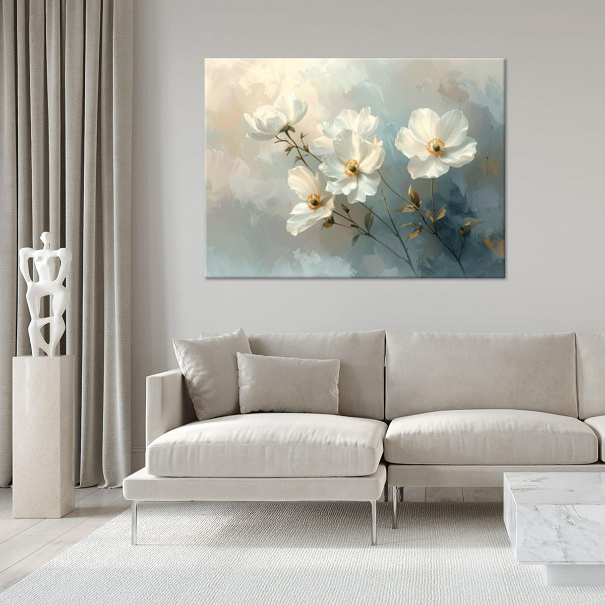 WANDBILD, Weiße Blumen auf beigem Hintergrund - Weiß, Textil (90/60cm) - Feeby
