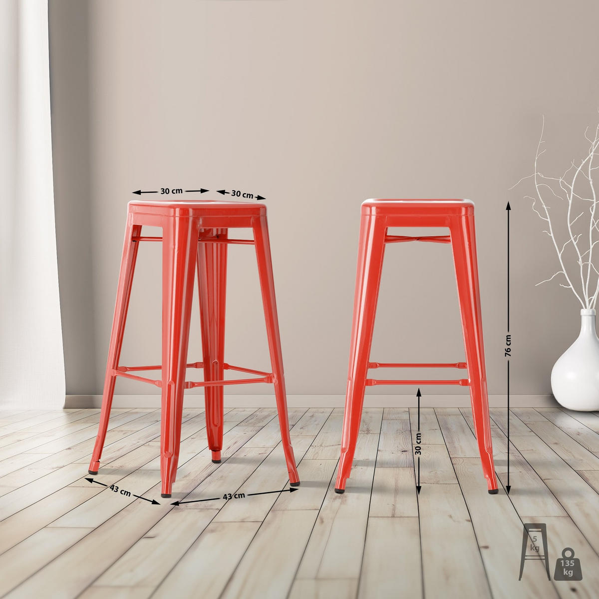 2ER Set Barhocker Joshua 76 cm rot - Rot, Metall (43/76/43cm) - furnicato